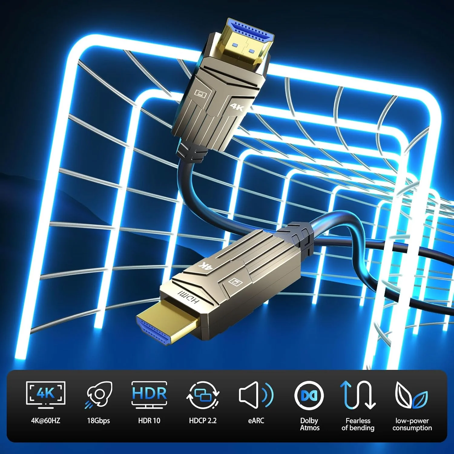 کابل HDMI فیبر نوری 30 متری، 18 گیگابیت بر ثانیه 4K@60Hz(4:4:4)، کابل فعال یک طرفه 2.0، پشتیبانی از HDR10 ARC HDCP 2.2 3D CEC Atmos DTS:X، فوق العاده سریع، انعطاف پذیر و باریک
