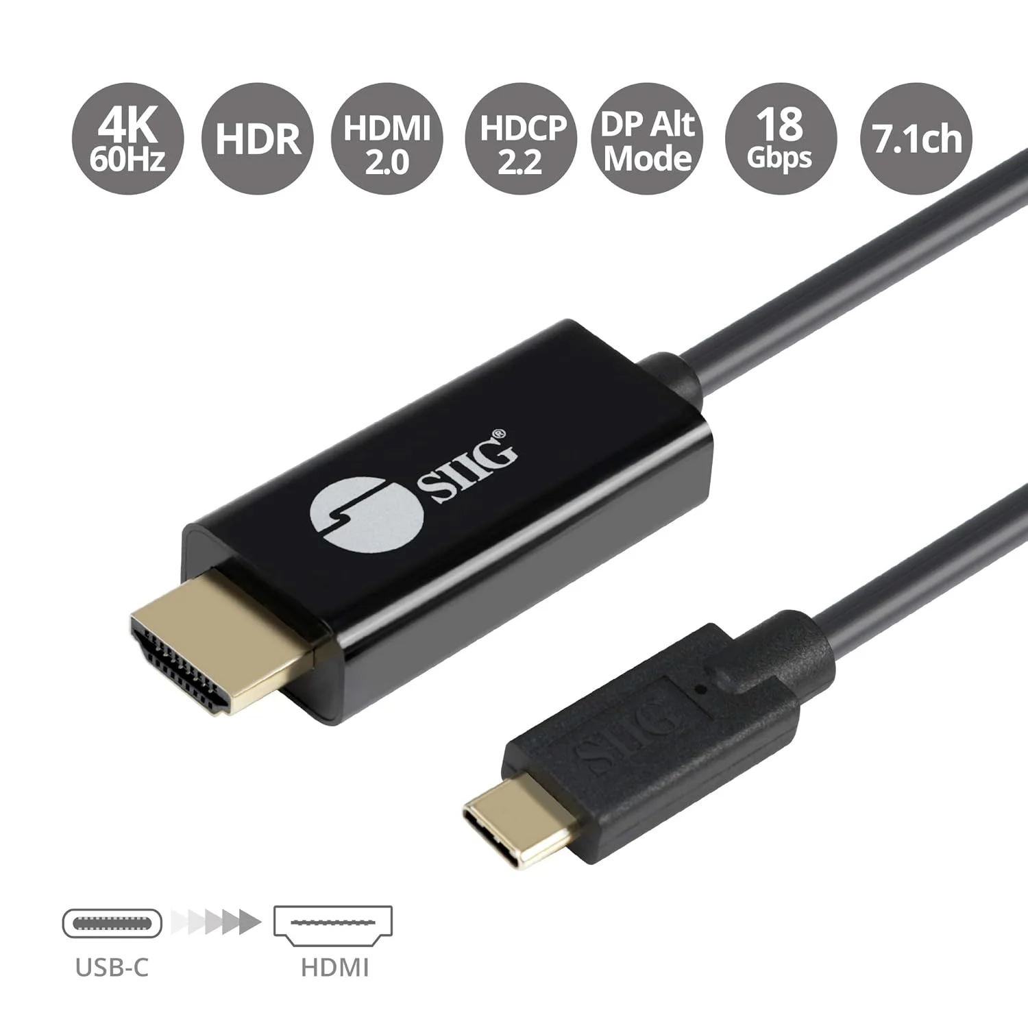 کابل فعال USB-C به HDMI با طول 2 متر SIIG، HDMI 2.0 4K60 HDR، قابل حمل برای لپ‌تاپ‌های ویندوز و مک، گوشی‌های هوشمند و تبلت، حالت USB-C DP Alt مورد نیاز (CB-TC0J11-S1)