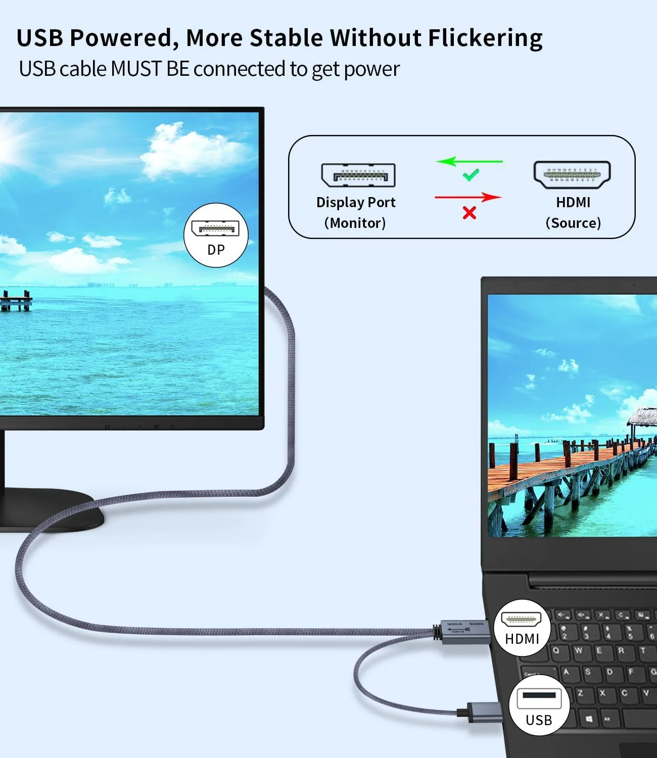 تبدیل HDMI به DisplayPort با رزولوشن 4K@60Hz, 2K@120Hz, 1080P@165Hz، کابل HDMI نر به DisplayPort نر، به همراه کابل برق USB سازگار با PS5، Xbox، Switch، لپ تاپ طول 1 متر