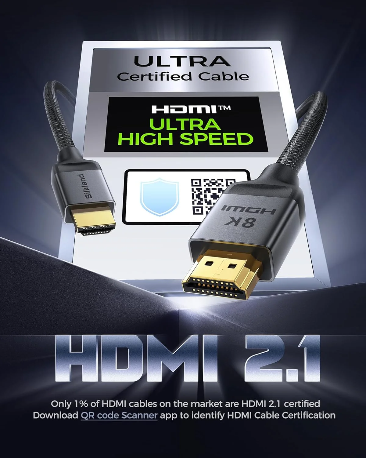 کابل HDMI eARC/ARC سیلکلند 1 متر، دارای گواهینامه 8K Ultra High Speed HDMI 2.1 [8K@60Hz, 4K@120Hz] Dolby Atmos Vision، 48Gbps، HDR10، سازگار با HDCP برای Samsung/Bose/Vizio/SoundBar