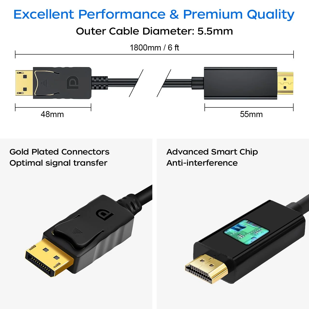 کابل Displayport به HDMI با کیفیت 4K، طول 1.8 متر، بسته 2 عددی، تبدیل Display Port (DP) به HDMI نر به نر برای اتصال کامپیوتر به تلویزیون HD، مانیتور و پروژکتور