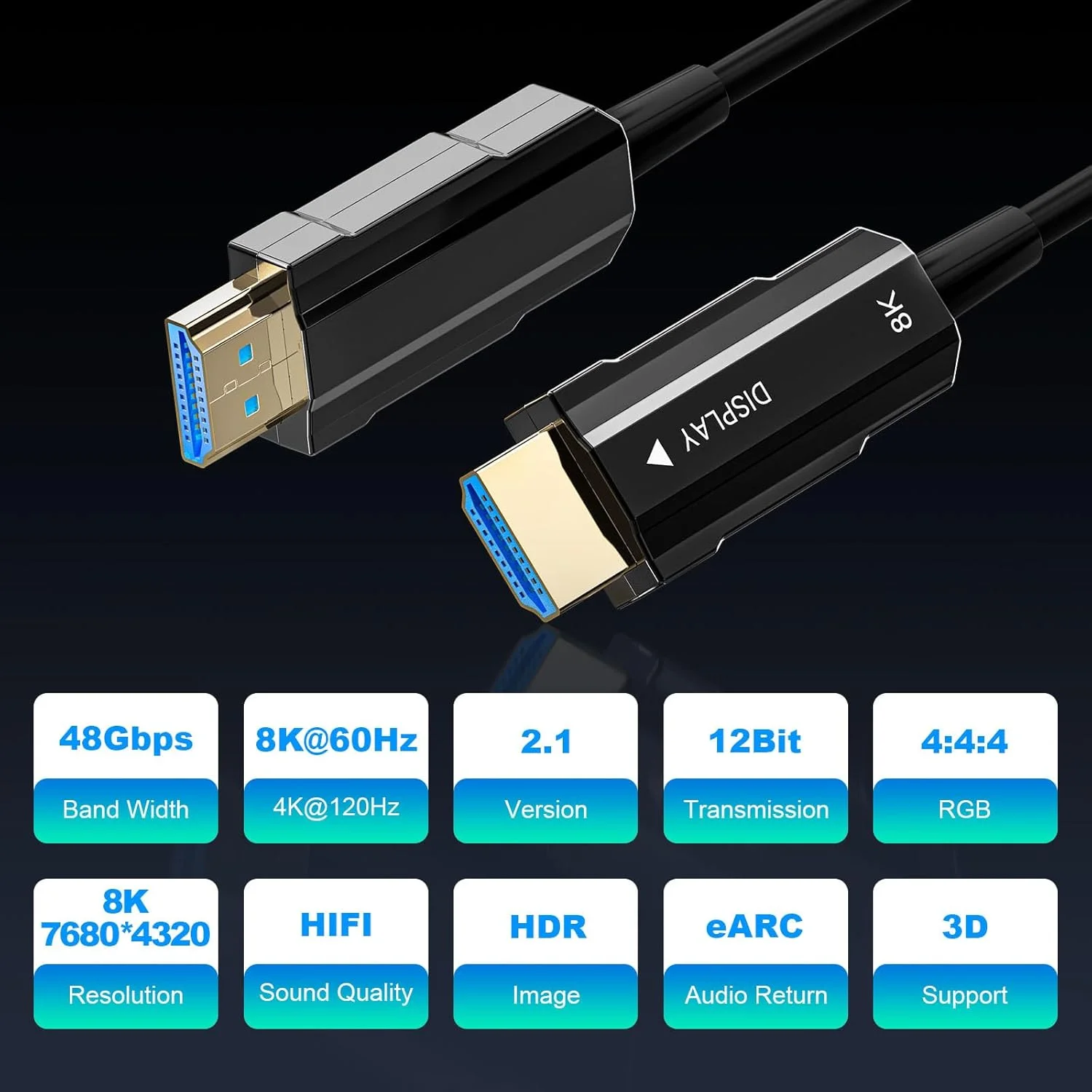 کابل HDMI فیبر نوری 15 متری، کابل HDMI 2.1 سرعت فوق العاده بالا، 48 گیگابیت بر ثانیه، 8K@60Hz 4K@120Hz، HDR پویا، eARC، HDCP 2.2&2.3، سه بعدی، برای مانیتور HDTV، لپ تاپ بازی Xbox PS4/PS5
