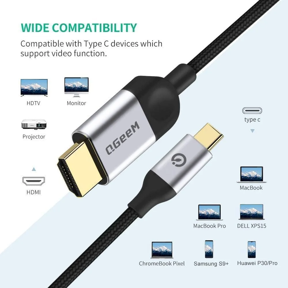 آداپتور کابل USB C به HDMI کیوجیم، 1.8 متری 4K، USB Type C به HDMI Thunderbolt 3/4 سازگار برای آیفون، گلکسی، مک بوک پرو/ایر، آیپد پرو، سرفیس، دل XPS، اچ پی، Thinkpad، پیکسل بوک و غیره - خاکستری مات