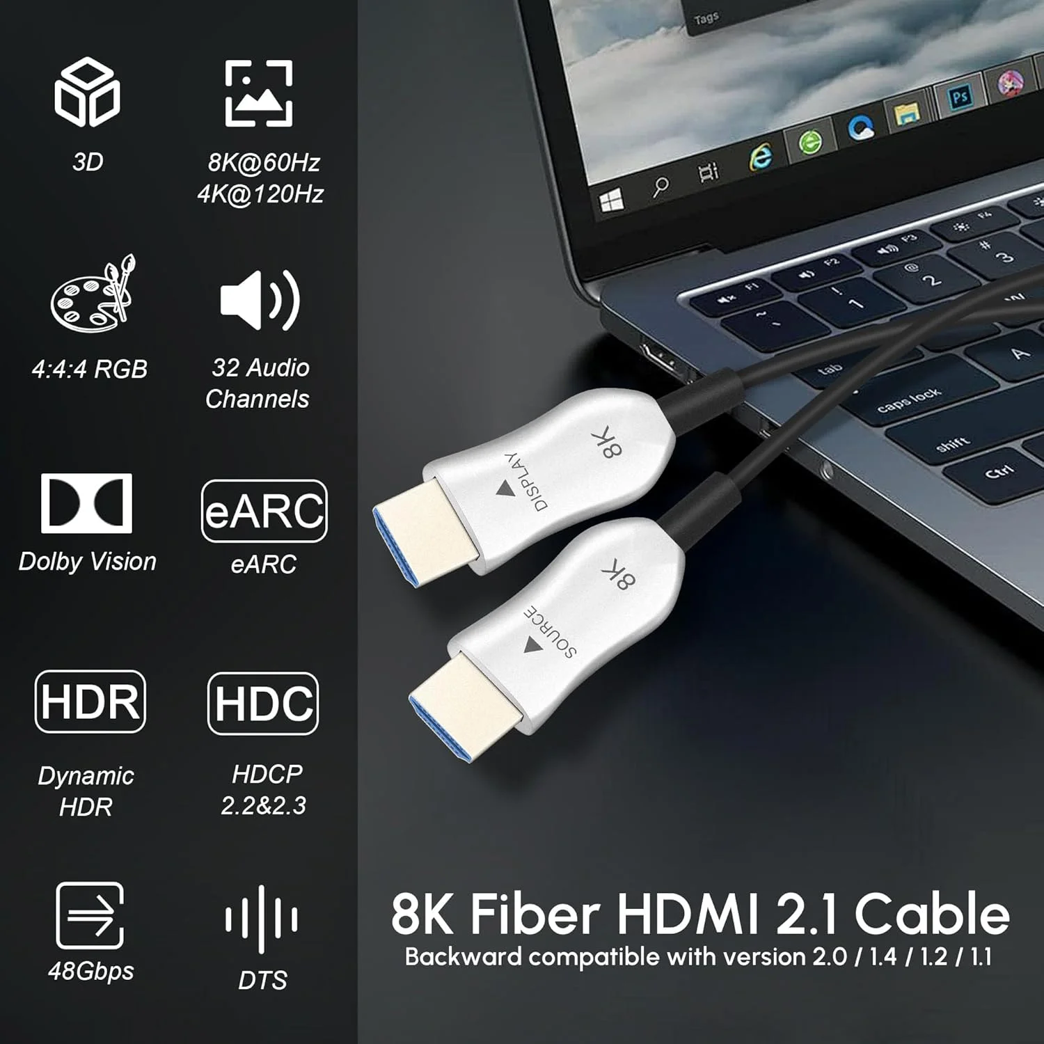 کابل فیبر نوری HDMI 2.1 8K طول 9 متر، کابل HDMI فعال بلند، کابل HDMI فیبر نوری پرسرعت، 48 گیگابیت بر ثانیه، 8K@60Hz 4K@120Hz، HDR پویا، eARC، HDCP 2.2 و 2.3، 3D، برای تلویزیون های HD، مانیتور، لپ تاپ، سینمای خانگی