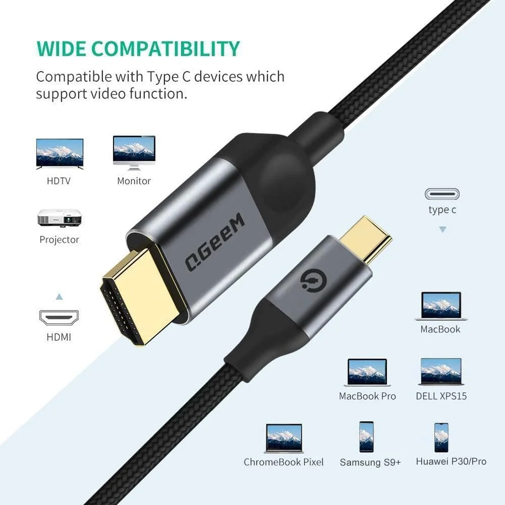 کابل تبدیل USB-C به HDMI کیوجیم، 1.8 متری، 4K، سازگار با Thunderbolt 3/4 برای آیفون، گلکسی، مک بوک پرو/ایر، آیپد پرو، سرفیس، دل XPS، اچ پی، Thinkpad، پیکسل بوک و غیره - خاکستری
