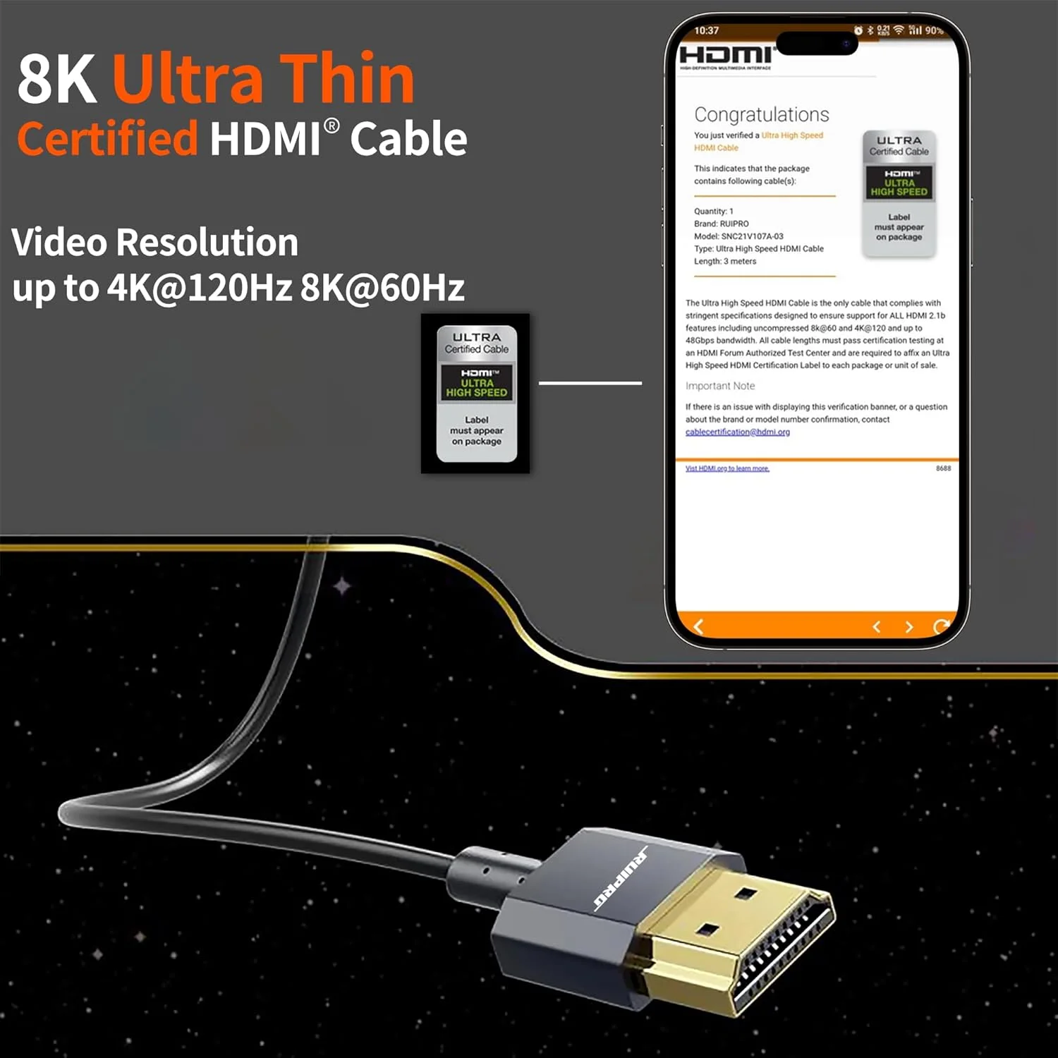 کابل کوتاه HDMI تایید شده، کابل فوق العاده نازک 8K HDMI 2.1 طول 3 فوت، بسته 2 عددی، سرعت فوق العاده بالا 48 گیگابیت بر ثانیه، پشتیبانی از 8K@60Hz 4K@120Hz، HDR پویا، eARC، سازگار با PS5/Xbox/Blu-ray/مانیتور