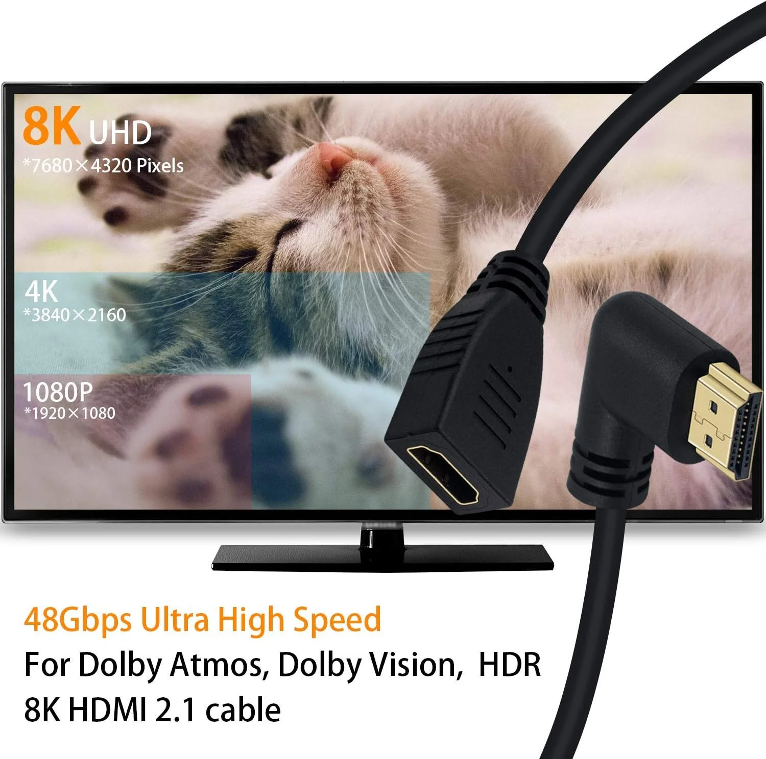 کابل افزایش طول HDMI پوییکات 8K، آداپتور کابل HDMI 2.1 نر به ماده زاویه راست 90 درجه کوتاه 48 گیگابیت بر ثانیه با ویدئو 8K@60Hz و HDR سه بعدی برای تلویزیون/ایکس باکس/PS4/PS5 (راست نر/ماده)، 0.5 فوت