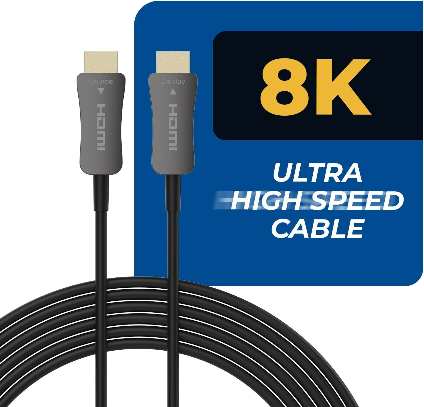 کابل HDMI 2.1 اُری 8K طول 75 متر - کابل فیبر نوری فعال AOC، پهنای باند 48 گیگابیت بر ثانیه، 8K@60Hz، 4K@120Hz، HDR10+، eARC، HDCP 2.3، بدون تداخل الکترومغناطیسی، کانکتورهای روکش طلا، روکش بافته شده - فوق العاده برای فواصل طولانی