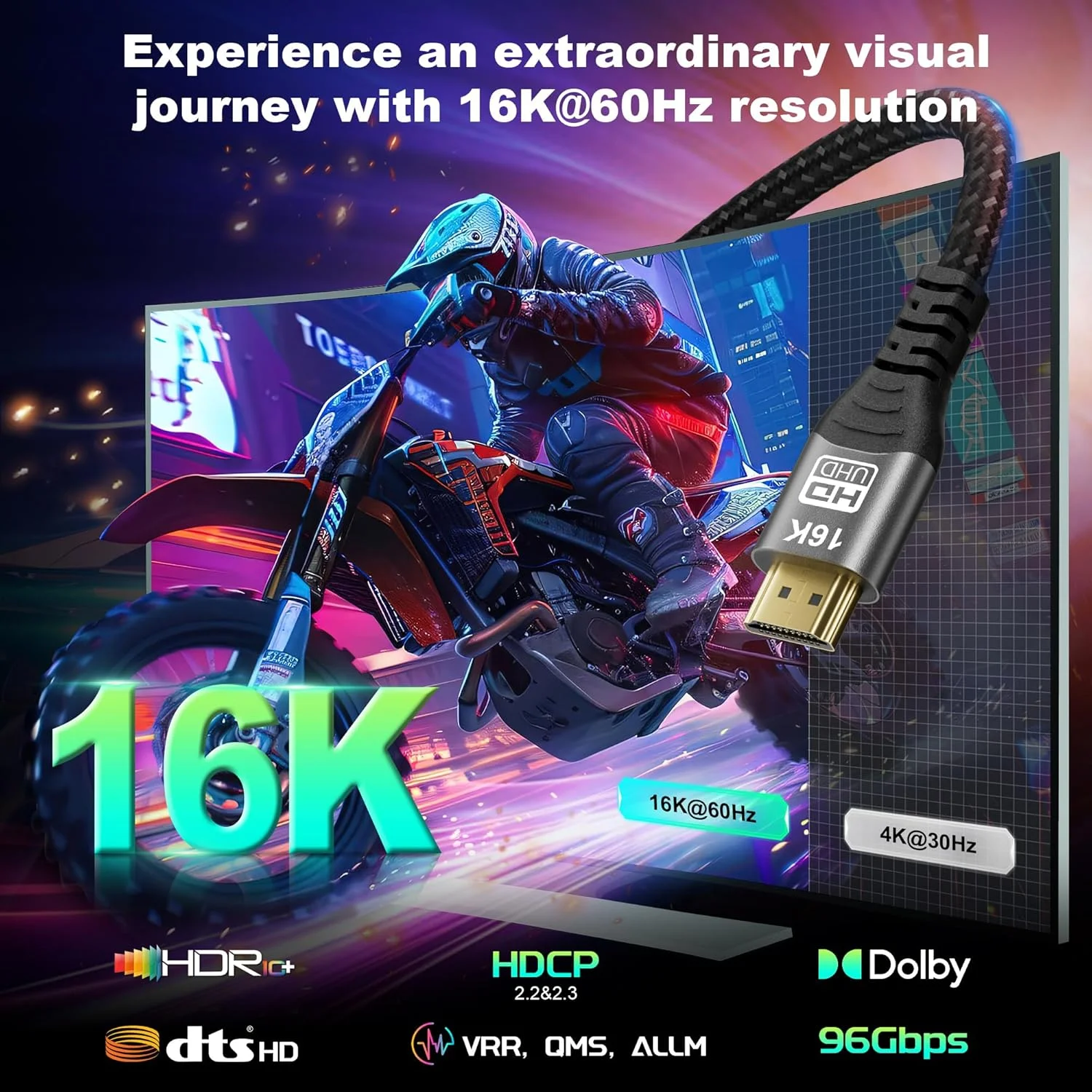 کابل HDMI 2.2 با سرعت فوق العاده بالا 96 گیگابیت بر ثانیه، 16K 30Hz 8K/120Hz 4K 240HZ eARC HDCP 2.2&2.3 HDR10+ سازگار با PS5 PlayStation5 TV PC Monitor Xbox Series طول 1.5 متر