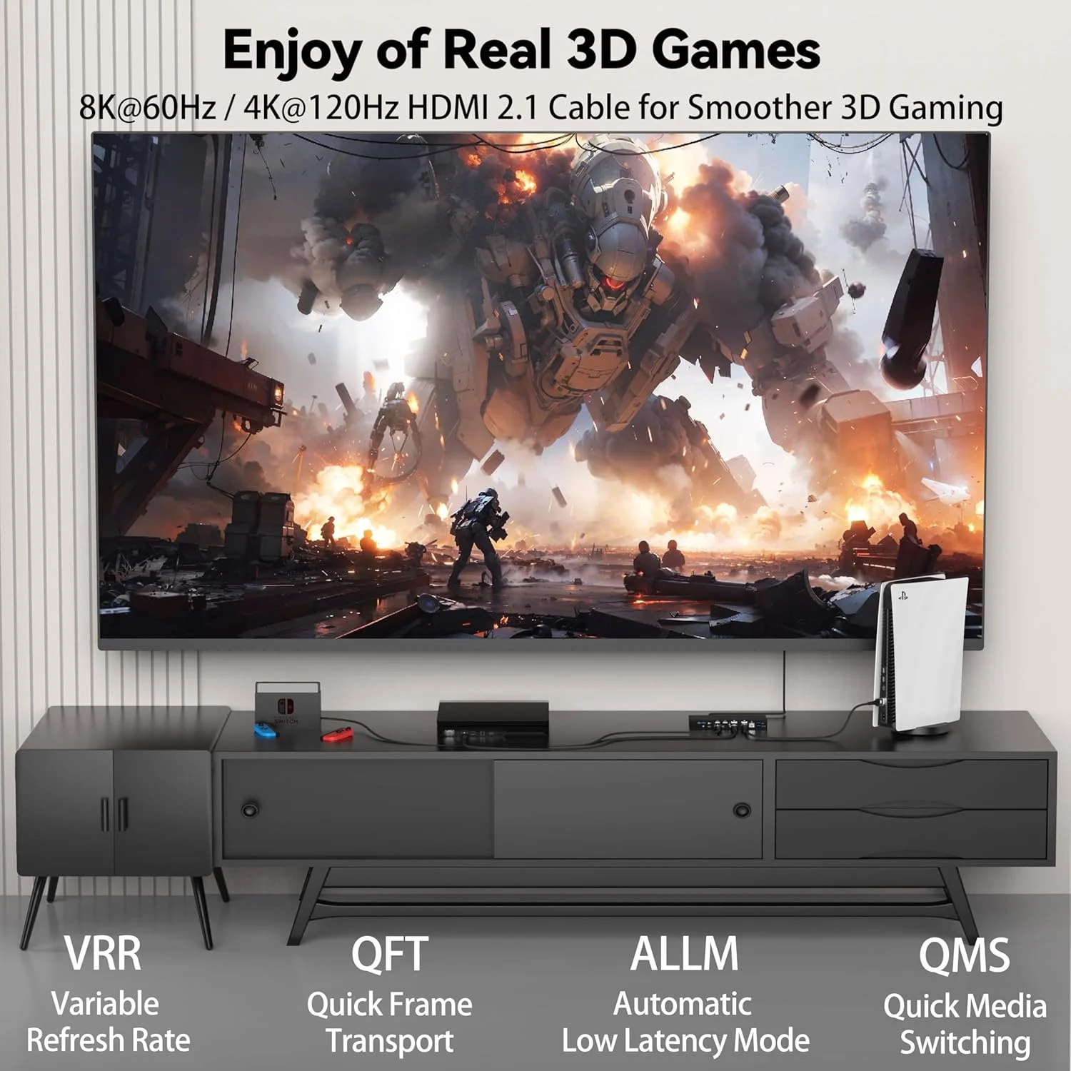 کابل HDMI 8K طول 3 متر، بسته 4 عددی، کابل گیمینگ HDMI 2.1، پشتیبانی از 8K@60Hz، 4K@120Hz، Dynamic HDR10+، SBTM، VRR، QFT، ALLM، 3D، HDCP 2.3 برای PS5، Xbox، Nintendo Switch، تلویزیون، کامپیوتر، مانیتور، کارت گرافیک