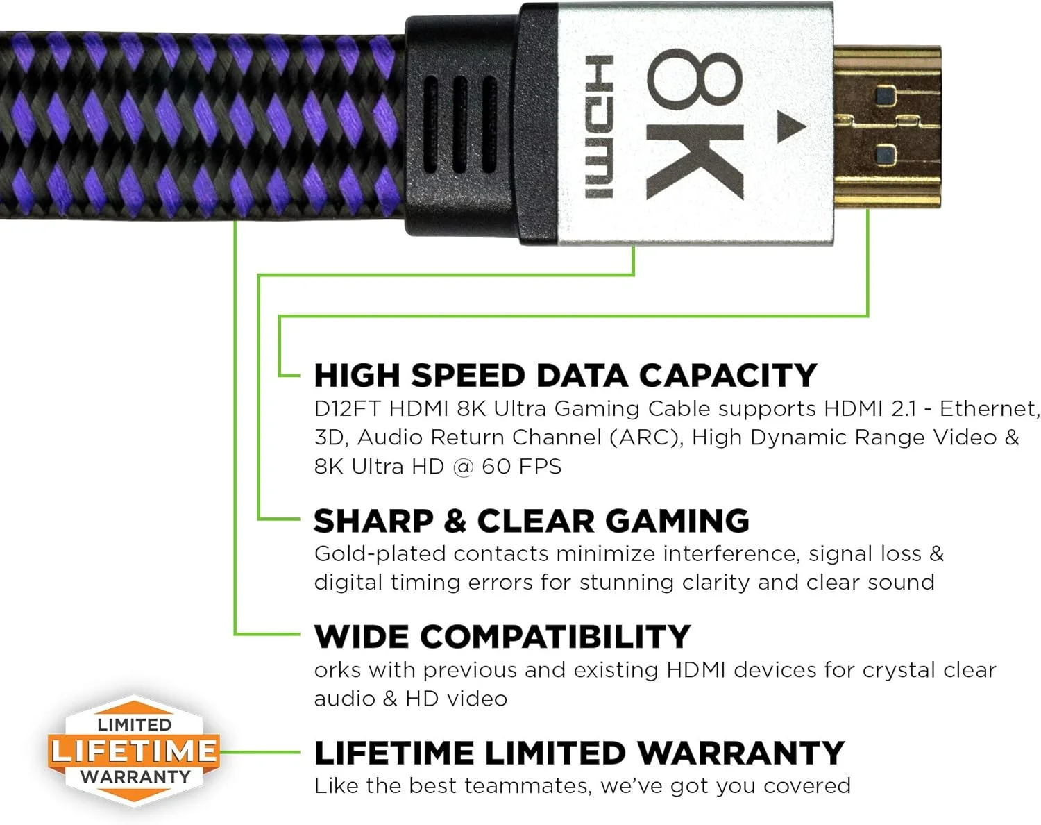 کابل گیمینگ الترا 8K HDMI کنترل فریک 3.6 متری (12 فوت) با پشتیبانی از اترنت، 3D، کانال بازگشت صدا (ARC)، ویدئو با دامنه دینامیکی بالا و 8K Ultra HD با نرخ 60 فریم بر ثانیه - مشکی و بنفش