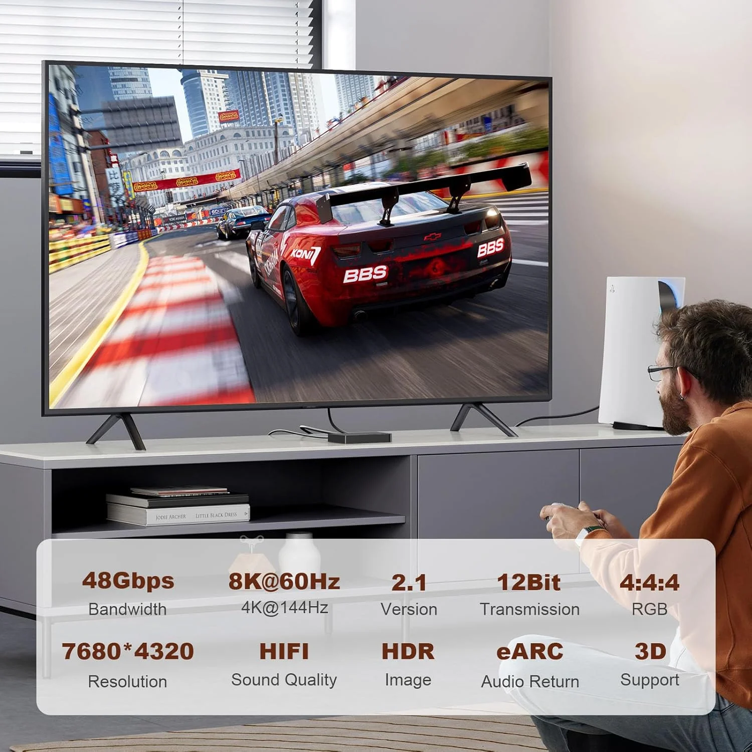 کابل فیبر نوری اکتیو HDMI 2.1 با رزولوشن 8K 4K طول 9 متر، پشتیبانی از 8K@60Hz و 4K@120Hz سرعت بالا 48Gbps کابل فیبر نوری بلند HDMI با Dynamic HDR/eARC/HDCP، برای PS5 PS4 مانیتور دسکتاپ TV Box