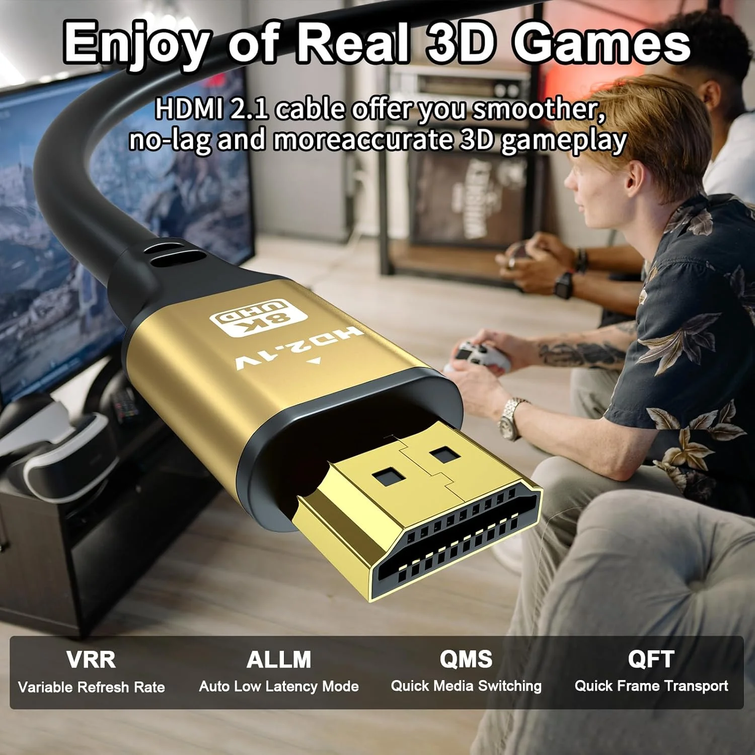 کابل HDMI سه فوتی، بسته 3 عددی، 8K@60Hz 4K@120Hz 48Gbps، HDCP 2.2 & 2.3، DTS:X، HDR 10 سازگار با Roku TV/eARC/3D/PS5/HDTV/لپ تاپ/Blu-ray کابل HDMI پرسرعت (طلایی)
