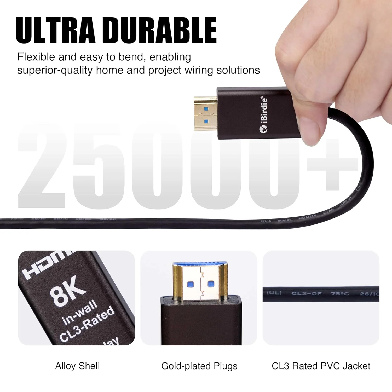 کابل فیبر نوری HDMI آی‌بردی 8K، طول 15 متر، دارای رتبه بندی CL3 مناسب برای نصب داخل دیوار، کابل فعال یک طرفه، سازگار با 8K 60 هرتز، 4K 120 هرتز، HDCP 2.3 2.1، پهنای باند 48 گیگابیت بر ثانیه، سازگار با Apple-TV PS5 Xbox 4080 4070