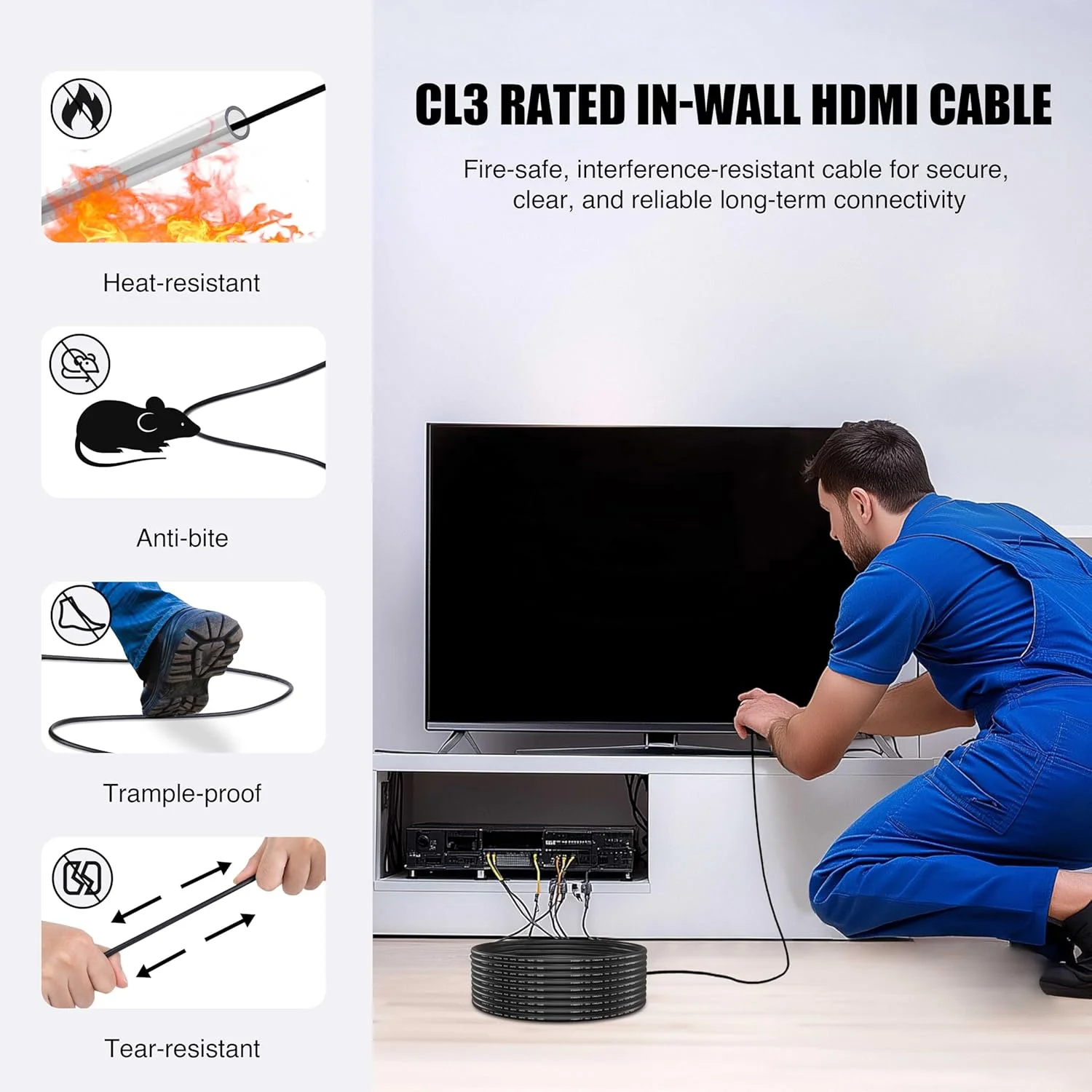 کابل فیبر نوری HDMI آی‌بردی 8K، طول 15 متر، دارای رتبه بندی CL3 مناسب برای نصب داخل دیوار، کابل فعال یک طرفه، سازگار با 8K 60 هرتز، 4K 120 هرتز، HDCP 2.3 2.1، پهنای باند 48 گیگابیت بر ثانیه، سازگار با Apple-TV PS5 Xbox 4080 4070