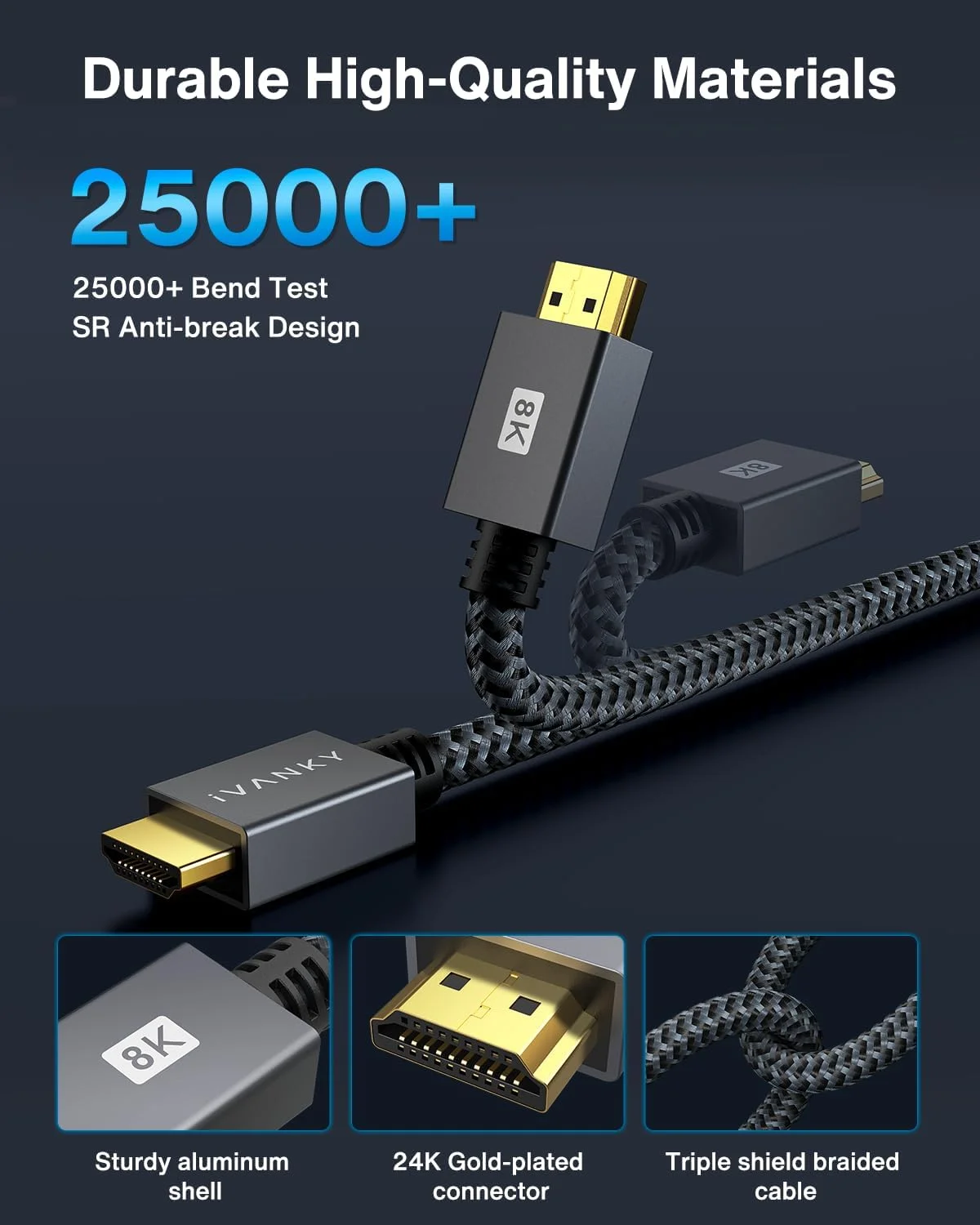 کابل HDMI ایوانکی 10K 8K طول 3 متر، کابل HDMI 2.1 با سرعت فوق العاده بالا 48 گیگابیت بر ثانیه، 8K@60Hz، 4K@120Hz، HDR/eARC/HDCP 2.2&2.3، کابل HDMI بافته شده 3 متری سازگار با Roku TV/PS5/Xbox/Laptop/Monitor/PC/Switch