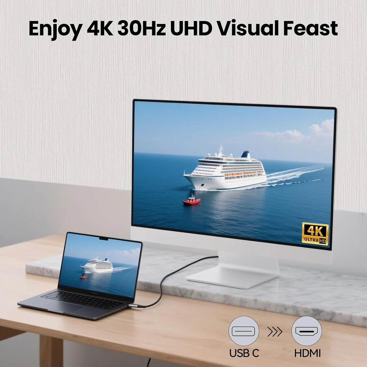 کابل USB C به HDMI طول 1 متر - کابل Type C به HDMI با کیفیت 4K@30Hz برای MacBook، iPhone 15/16، Galaxy S9-S24، iPad Pro، سازگار با Thunderbolt 3/4