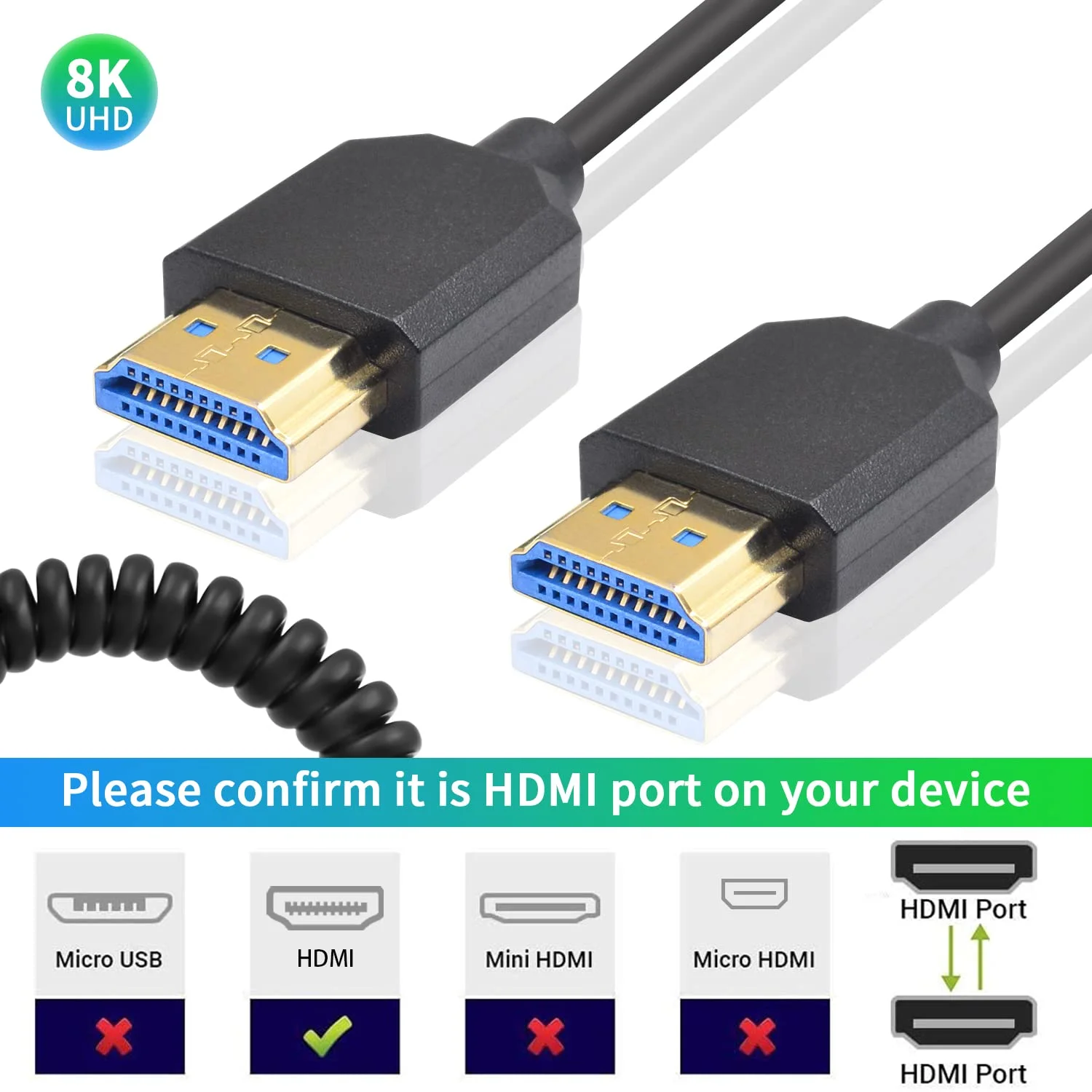 کابل HDMI فنری 8K داتک، 30 سانتی متر - 120 سانتی متر، کابل کوتاه HDMI نر به نر 48 گیگابیت بر ثانیه با رزولوشن 8K@60Hz، 4K@240Hz و HDR برای ATOMOS Ninja V Sony A7siii Canon C300 C500 Ronin RS2 مانیتور دوربین، کارت های کپچر، PS5