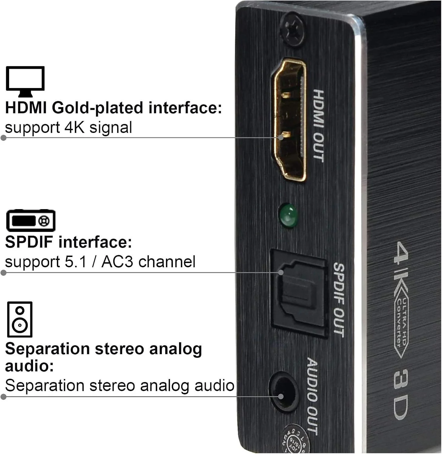 اسپلیتر استخراج کننده صدا HDMI با رزولوشن 4K x 2K، آداپتور تبدیل کننده صدا HDMI با پشتیبانی از خروجی صدای اپتیکال Toslink Ultra HD 4K و 3.5 میلی متری به همراه کابل فیبر نوری