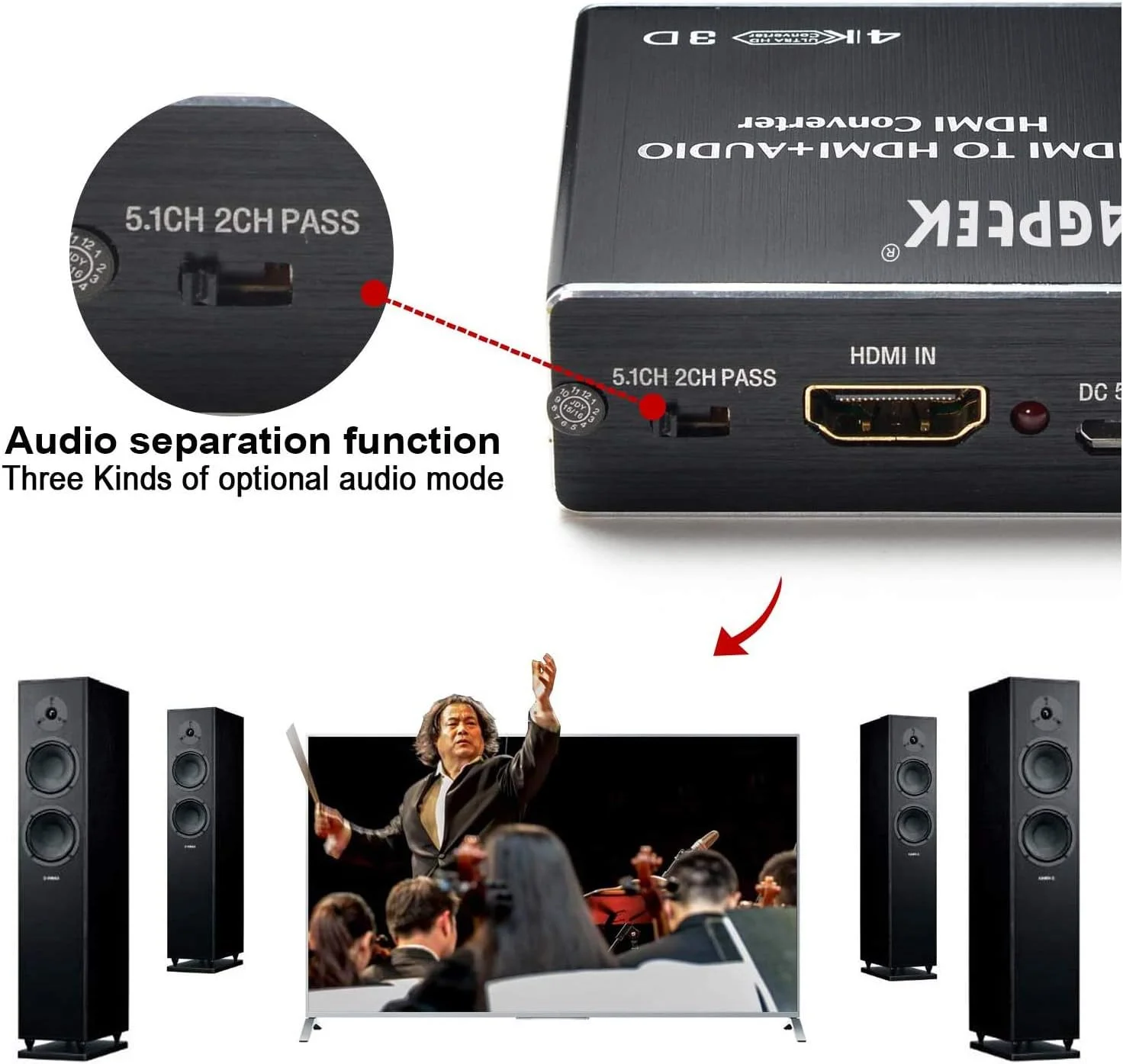 اسپلیتر استخراج کننده صدا HDMI با رزولوشن 4K x 2K، آداپتور تبدیل کننده صدا HDMI با پشتیبانی از خروجی صدای اپتیکال Toslink Ultra HD 4K و 3.5 میلی متری به همراه کابل فیبر نوری