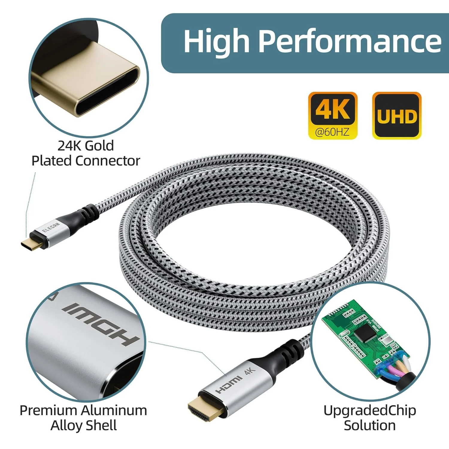 کابل USB C به HDMI الکان 25 فوت، 4K@60Hz HDR، روکش طلایی بافته شده USB 3.1 Type-C به HDMI 2.0 سازگار با Thunderbolt 3 برای Galaxy MacBook Pro/Air iPad Pro Surface Dell HP به همراه 5 بست