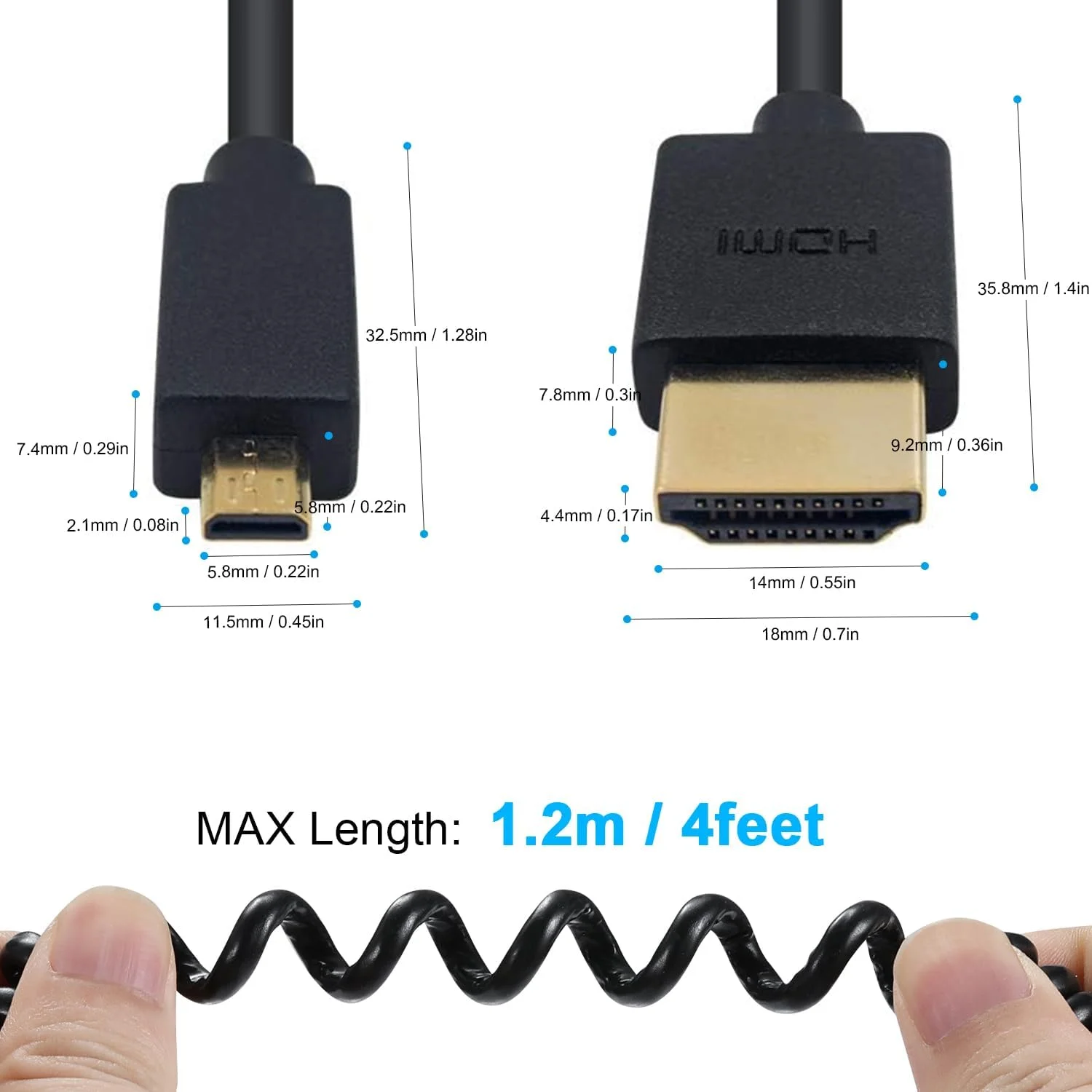 کابل فنری میکرو HDMI به HDMI داتک 30 سانتی متر تا 120 سانتی متر، کابل آداپتور HDMI به میکرو HDMI فوق العاده باریک/نازک 4K، سه بعدی برای دوربین، رزبری پای 5 4، GoPro Hero 7/6