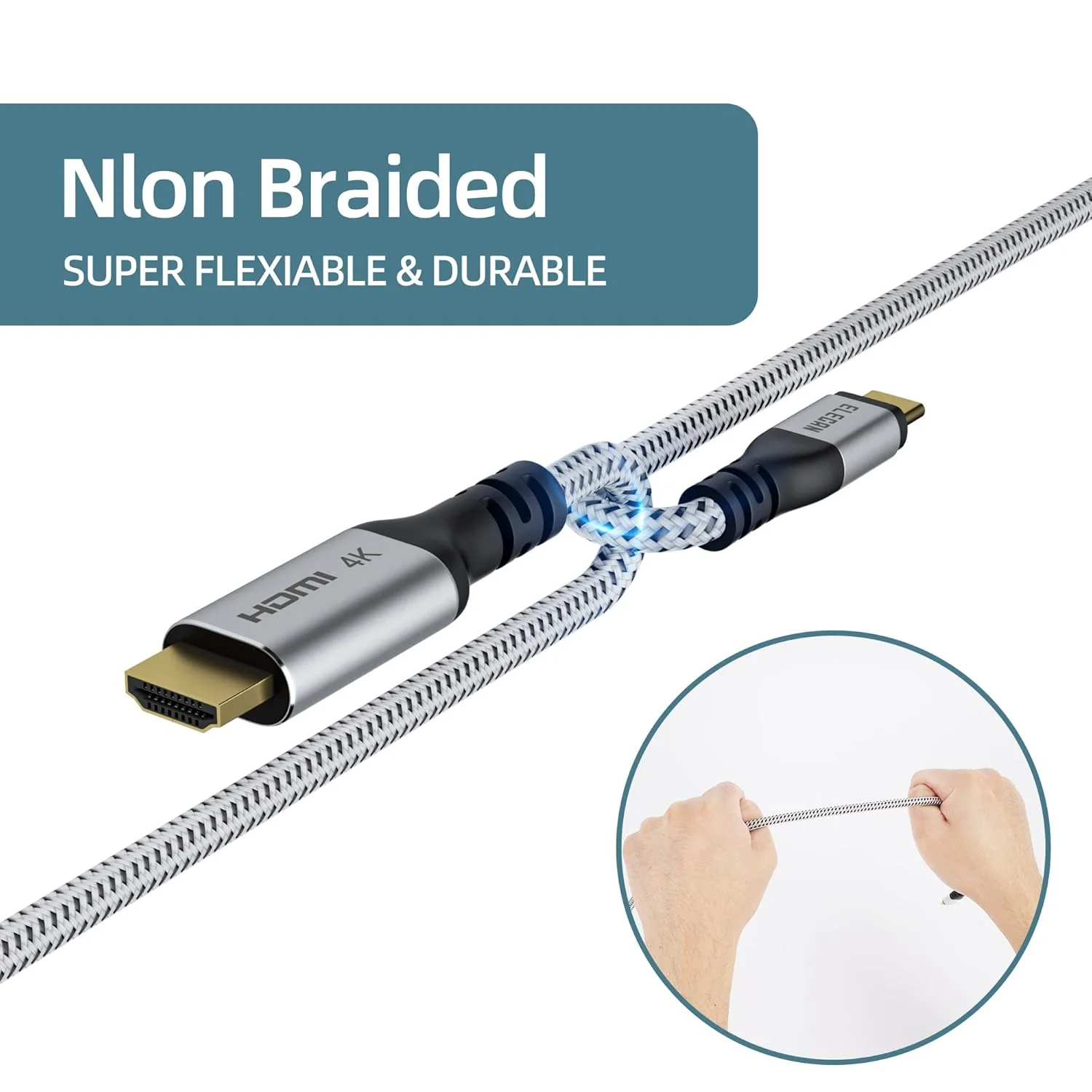 کابل USB C به HDMI الکان 25 فوت، 4K@60Hz HDR، روکش طلایی بافته شده USB 3.1 Type-C به HDMI 2.0 سازگار با Thunderbolt 3 برای Galaxy MacBook Pro/Air iPad Pro Surface Dell HP به همراه 5 بست