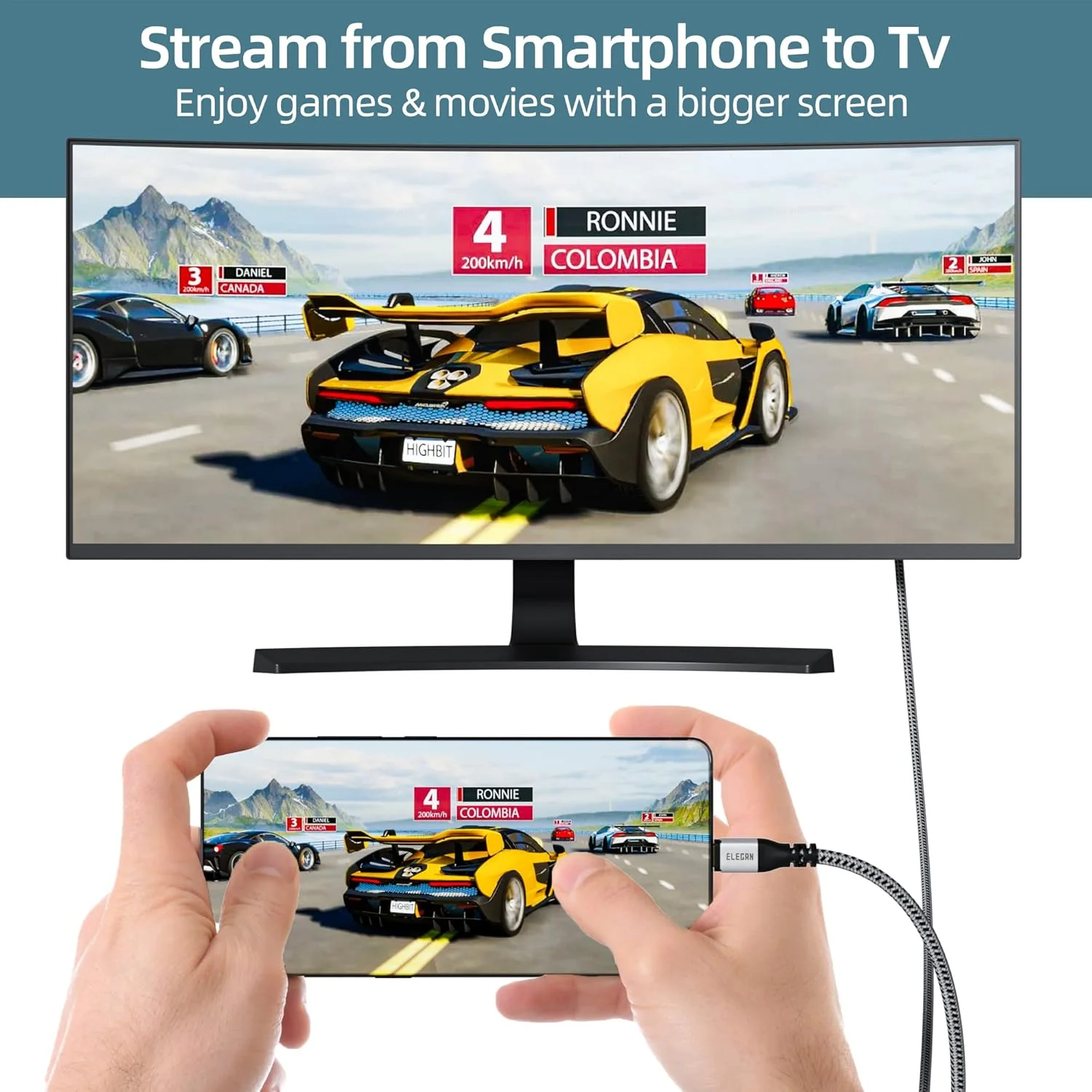 کابل USB C به HDMI الکان 25 فوت، 4K@60Hz HDR، روکش طلایی بافته شده USB 3.1 Type-C به HDMI 2.0 سازگار با Thunderbolt 3 برای Galaxy MacBook Pro/Air iPad Pro Surface Dell HP به همراه 5 بست