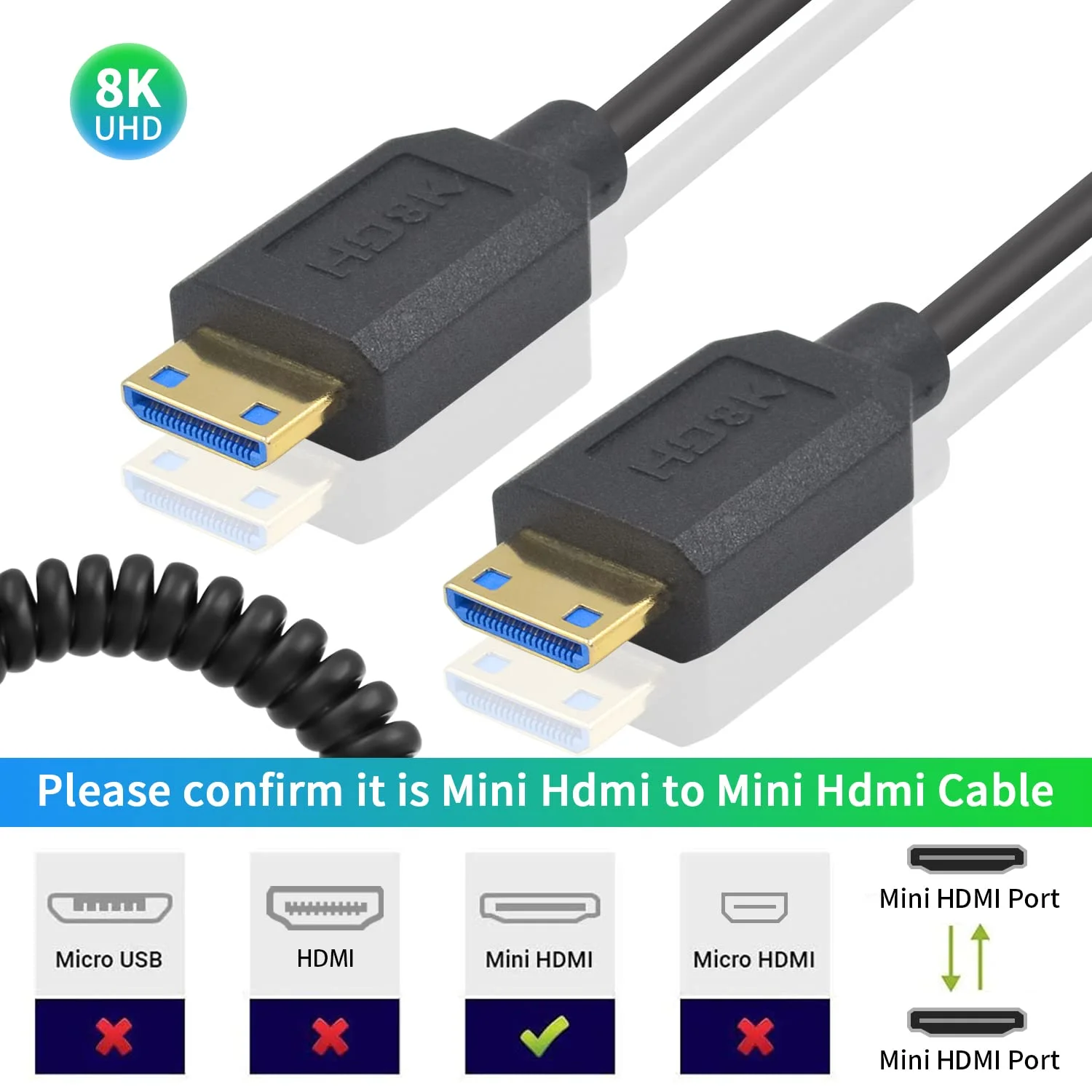 کابل مینی HDMI فنری 48 گیگابیت بر ثانیه 8K داتک، طول 30 تا 90 سانتی متر، کابل فنری مینی HDMI نر به نر با سرعت بالا، اتصال ویدئویی دیجیتال با صدا برای دوربین و تبلت