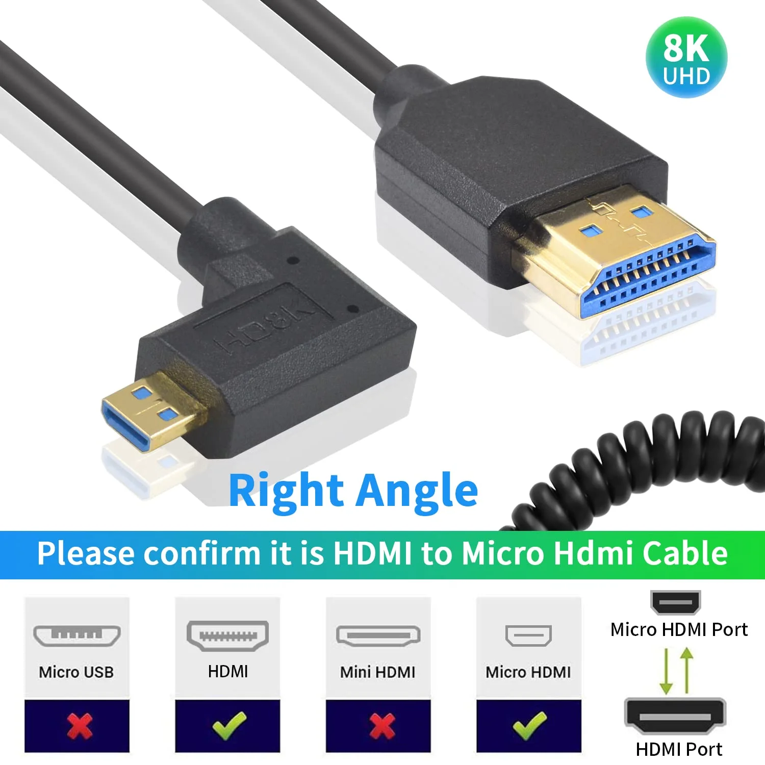 کابل فنری میکرو HDMI به HDMI داتک 8K با سرعت 8K@60Hz و پهنای باند 48Gbps، کابل HDMI 2.1 راست‌گوشه به میکرو HDMI برای دوربین، GoPro Hero، رزبری پای 5 4 با طول 30 تا 90 سانتی‌متر