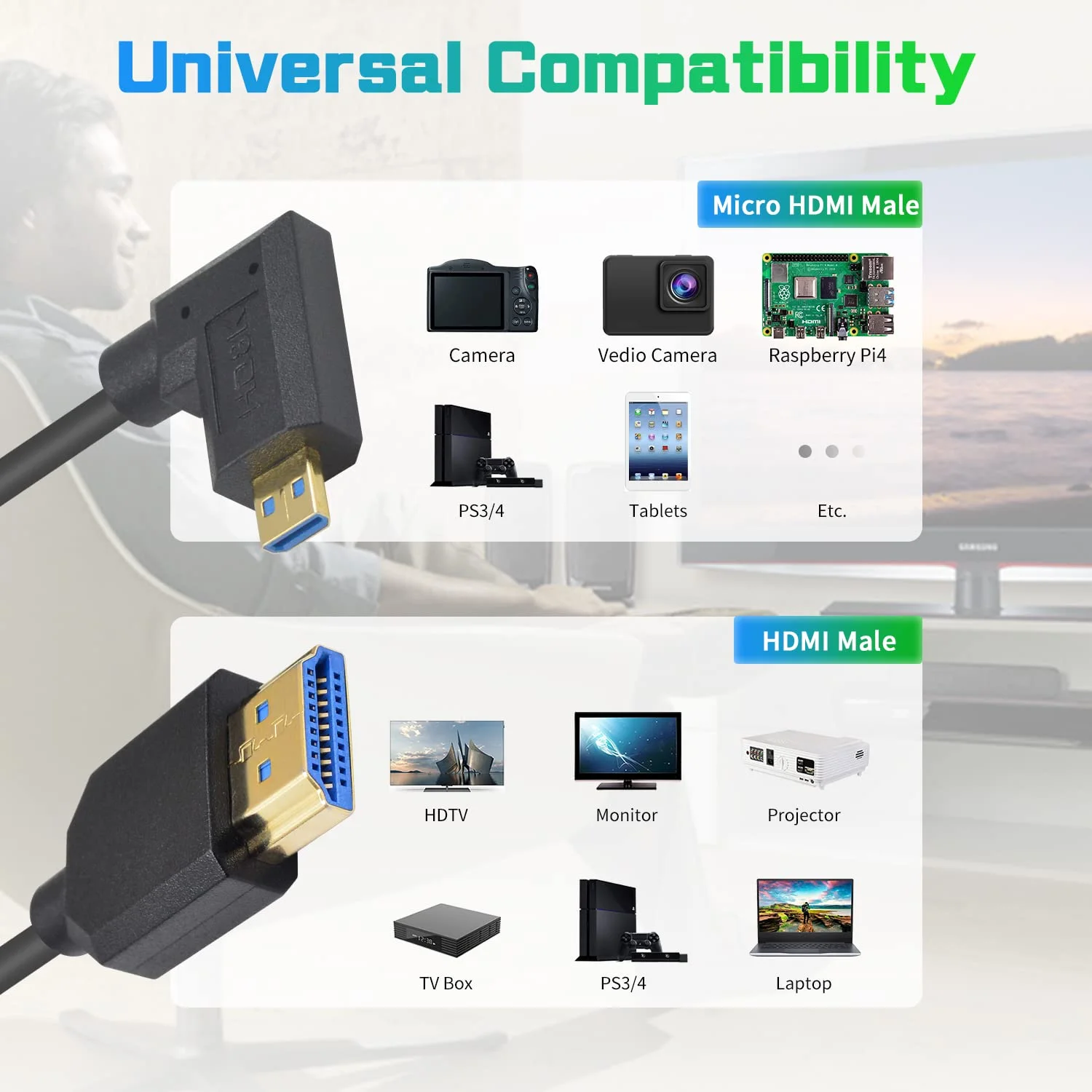 کابل فنری میکرو HDMI به HDMI داتک 8K با سرعت 8K@60Hz و پهنای باند 48Gbps، کابل HDMI 2.1 راست‌گوشه به میکرو HDMI برای دوربین، GoPro Hero، رزبری پای 5 4 با طول 30 تا 90 سانتی‌متر