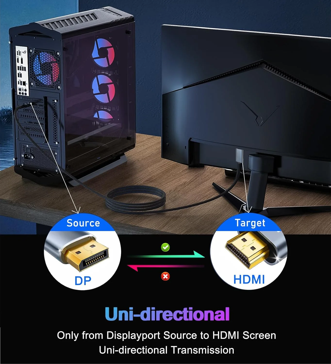 کابل DisplayPort به HDMI با کیفیت 4K، طول 1.8 متر، تبدیل یک طرفه DP 1.2 (منبع) به HDMI 1.4 (صفحه نمایش)، آداپتور کابل DP به HDMI سازگار با HP، ThinkPad، AMD، NVIDIA، کامپیوتر و غیره