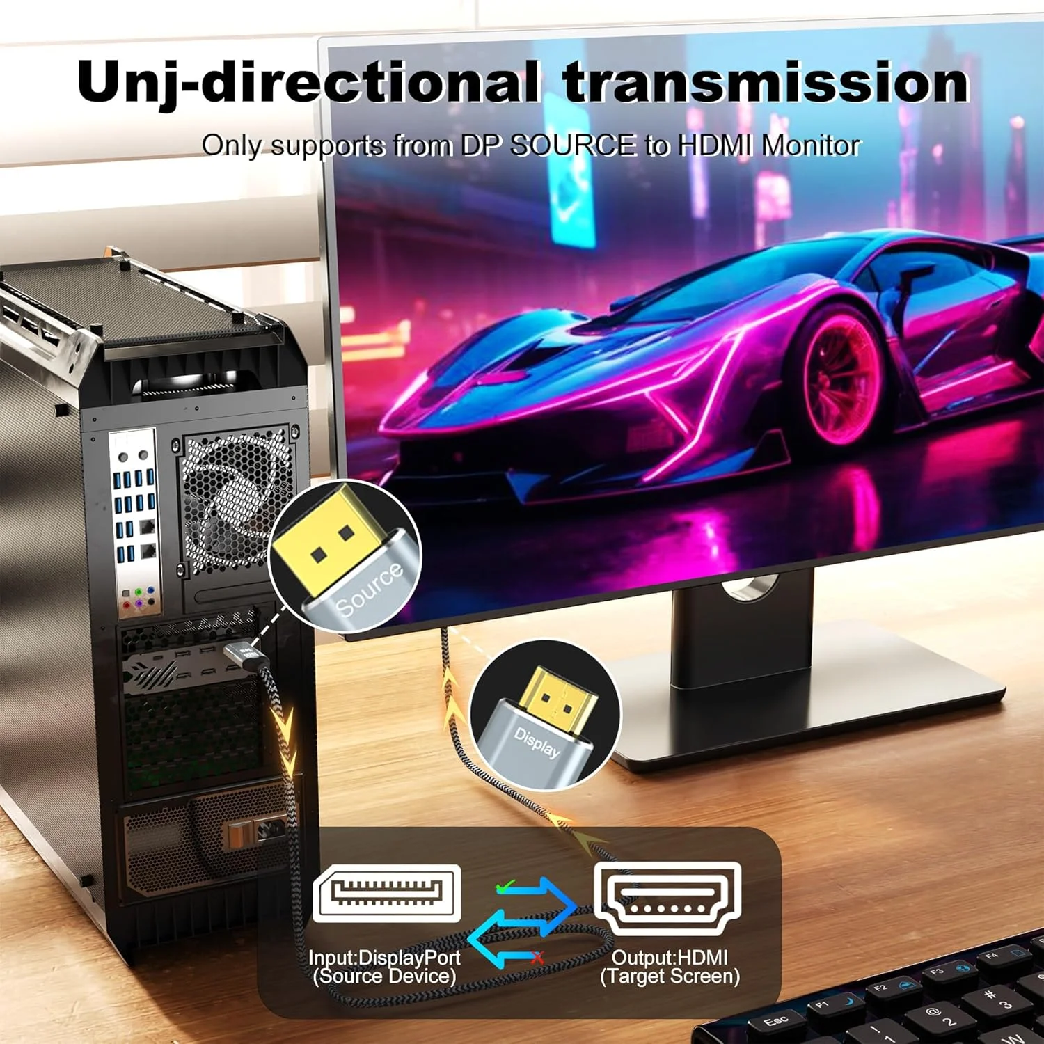 کابل DisplayPort به HDMI 2.1 طول 3 متر، 8K@60Hz 4K@120Hz یک طرفه DP (منبع) به HDMI (نمایشگر) با روکش بافته شده، پشتیبانی از HDCP 2.3 HDR10 برای AMD، NVIDIA و PC
