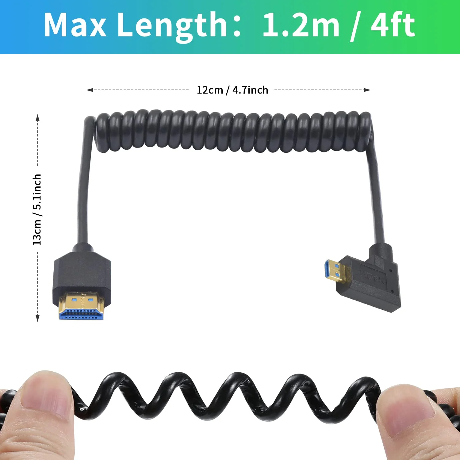 کابل فنری میکرو HDMI به HDMI داتک 8K با سرعت 8K@60Hz و پهنای باند 48Gbps، کابل HDMI 2.1 راست‌گوشه به میکرو HDMI برای دوربین، GoPro Hero، رزبری پای 5 4 با طول 30 تا 90 سانتی‌متر