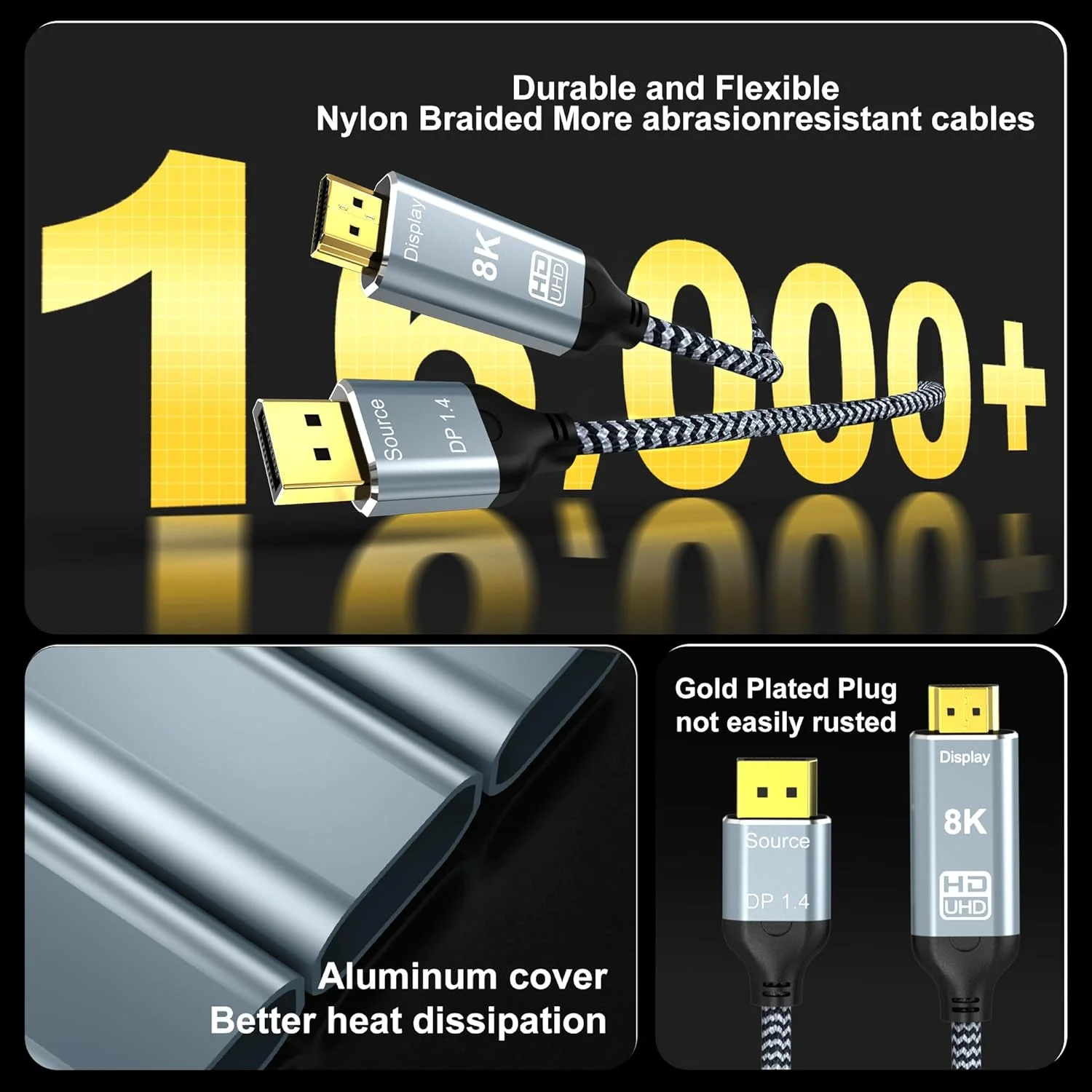 کابل DisplayPort به HDMI 2.1 طول 3 متر، 8K@60Hz 4K@120Hz یک طرفه DP (منبع) به HDMI (نمایشگر) با روکش بافته شده، پشتیبانی از HDCP 2.3 HDR10 برای AMD، NVIDIA و PC