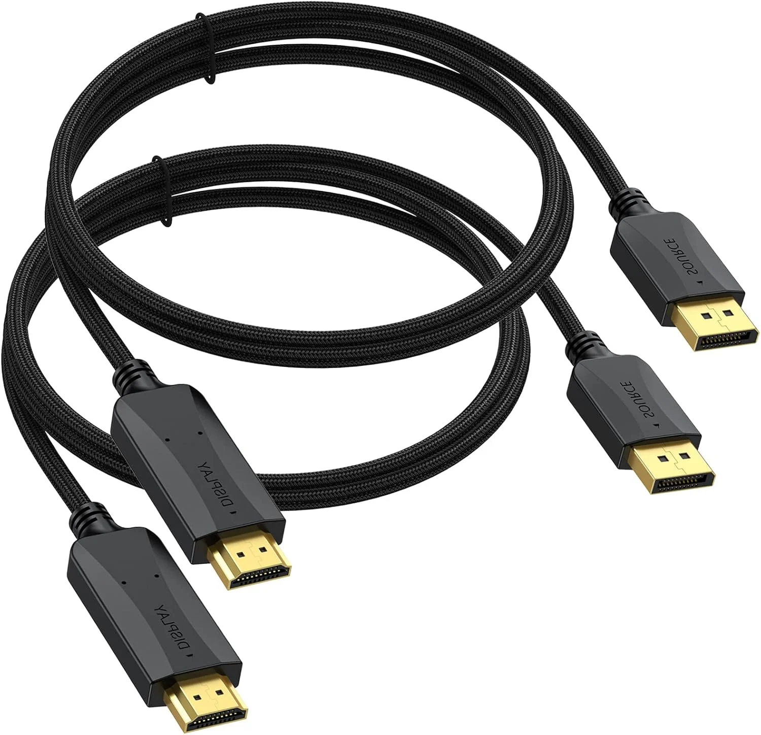 کابل باریک DisplayPort به HDMI طول 3 فوت، بسته 2 عددی کابل آداپتور Display Port DP به HDMI نر، روکش طلایی بافته شده UHD (4K, 2K, 1080P) پشتیبانی از ویدئو و صدا، تبدیل سیگنال برای مانیتور DP به HDMI