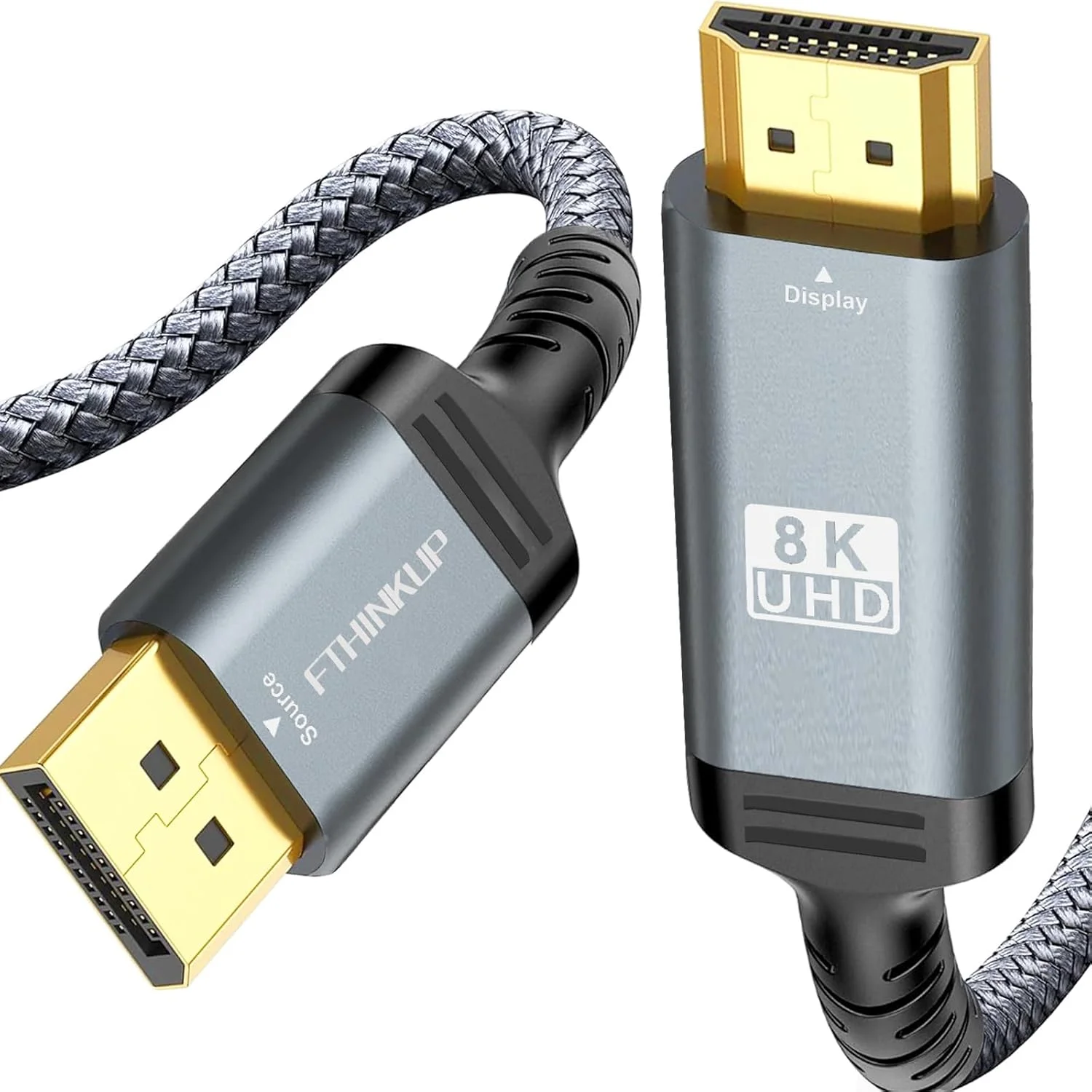 کابل DisplayPort به HDMI، 8K@60Hz، 4K@144Hz، 2 متر، DP 1.4 به HDMI 2.1، بافته شده، یک طرفه، خاکستری