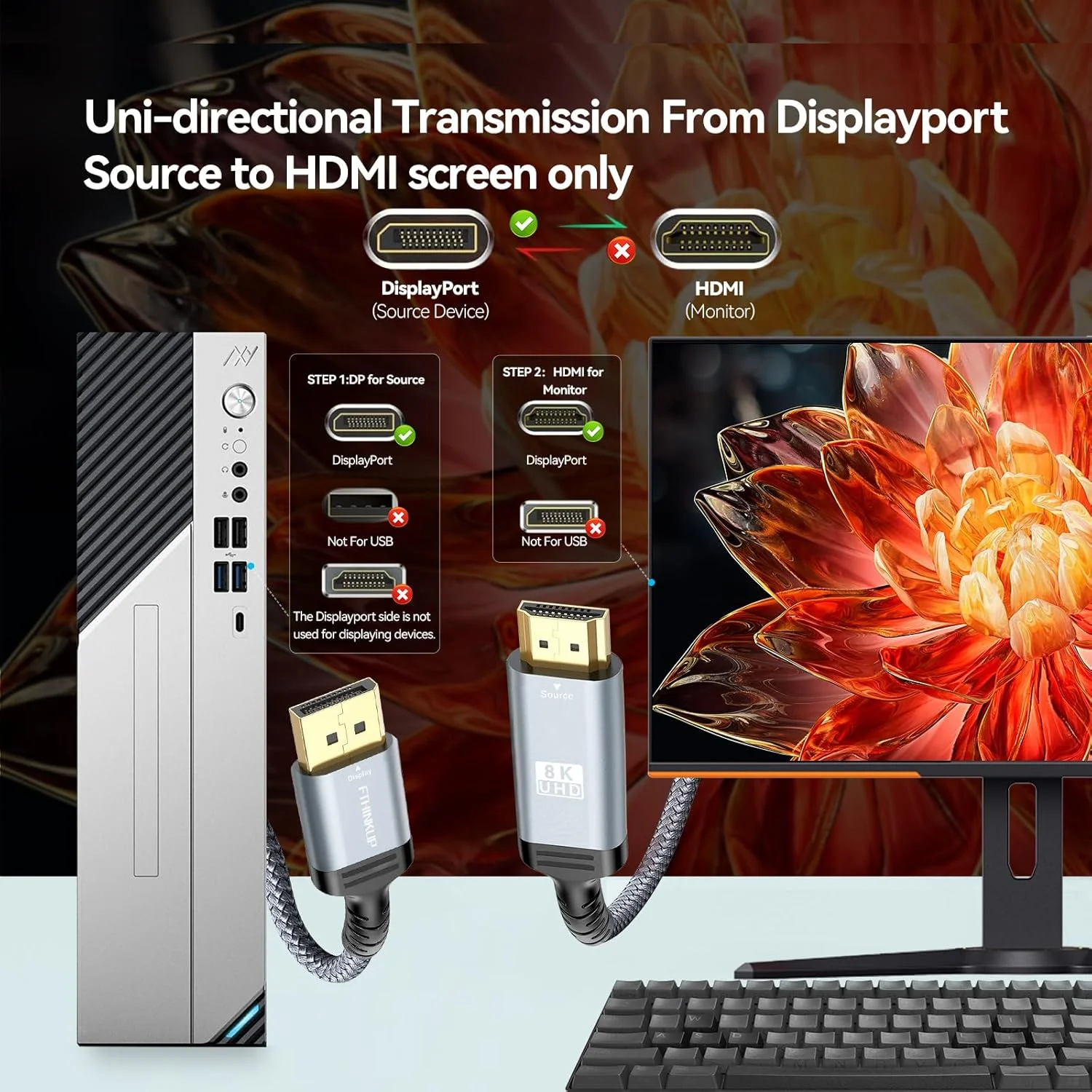 کابل DisplayPort به HDMI، 8K@60Hz، 4K@144Hz، 2 متر، DP 1.4 به HDMI 2.1، بافته شده، یک طرفه، خاکستری کابل DisplayPort به HDMI، 8K@60Hz، 4K@144Hz، 2 متر، DP 1.4 به HDMI 2.1، بافته شده، یک طرفه، خاکستری