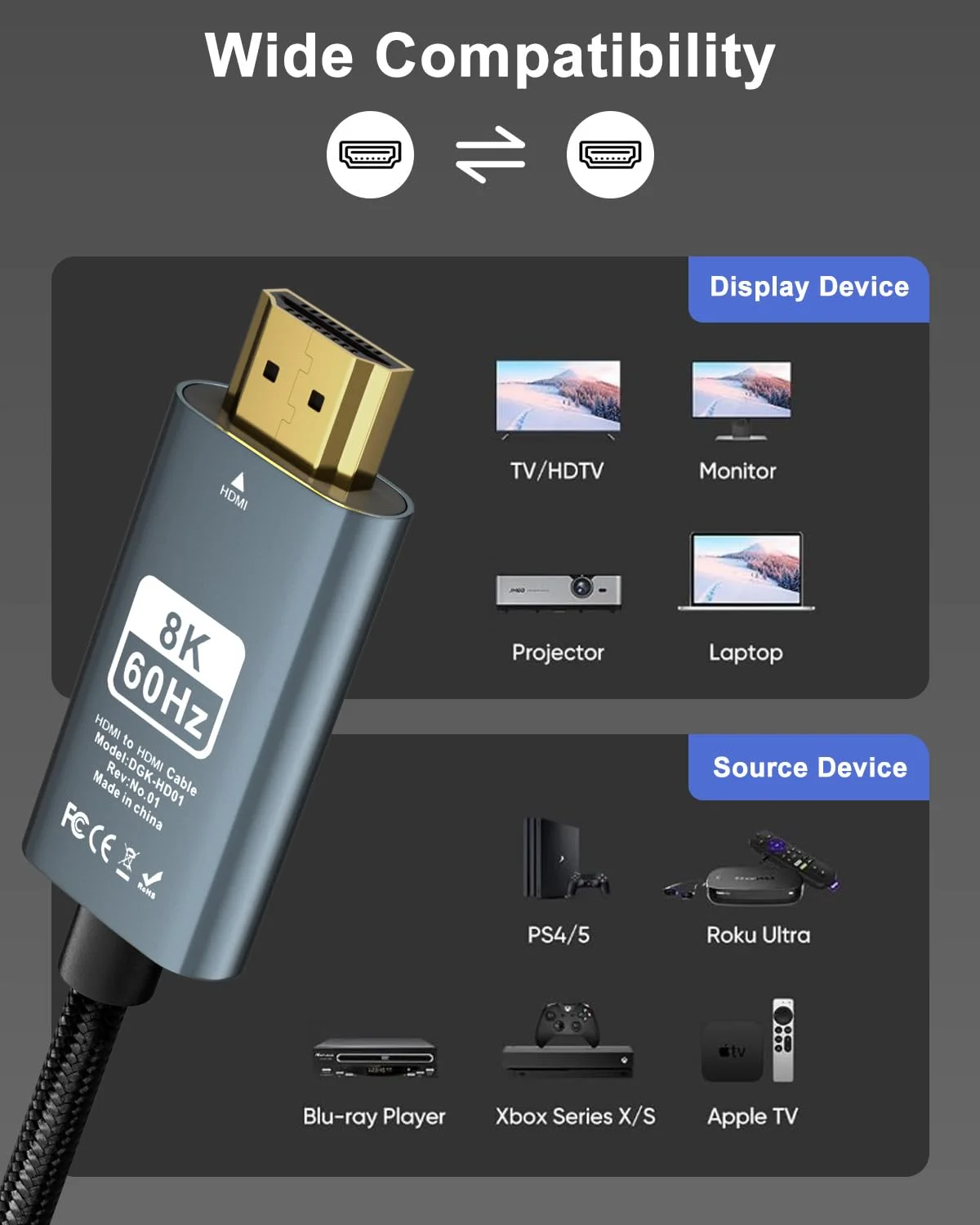 پک 5 عددی - کابل HDMI 10K 8K 4K به طول 2 متر، کابل HDMI 2.1 با سرعت بالا 48 گیگابیت بر ثانیه، 4K@120Hz/10K8K@60Hz، سازگار با تلویزیون/لپ تاپ/مانیتور/PS-5/X-Box/پروژکتور/سیستم صوتی و غیره پک 5 عددی - کابل HDMI 10K 8K 4K به طول 2 متر، کابل HDMI 2.1 با سرعت بالا 48 گیگابیت بر ثانیه، 4K@120Hz/10K8K@60Hz، سازگار با تلویزیون/لپ تاپ/مانیتور/PS-5/X-Box/پروژکتور/سیستم صوتی و غیره