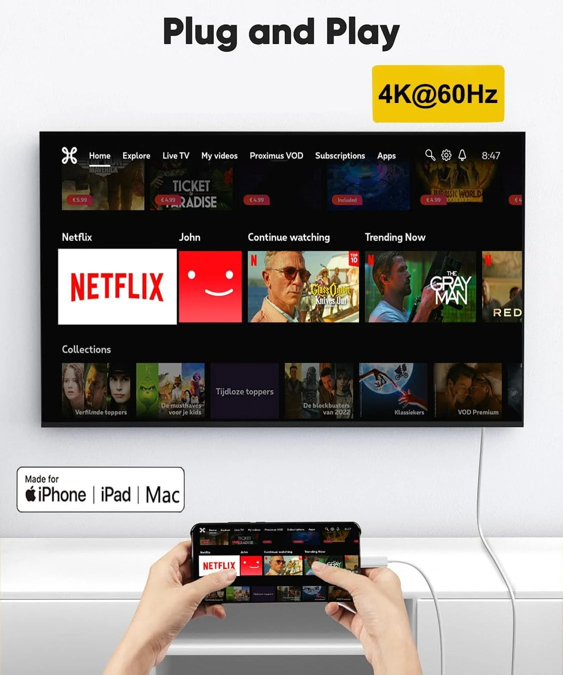 کابل USB-C به HDMI اپل 4K@60Hz برای اتصال آیفون 15، 16، 17 به تلویزیون، بافته شده از نایلون با سرعت بالا، سازگار با Thunderbolt 5/4/3 برای MacBook، iPad Pro، iMac، Galaxy S25/S24