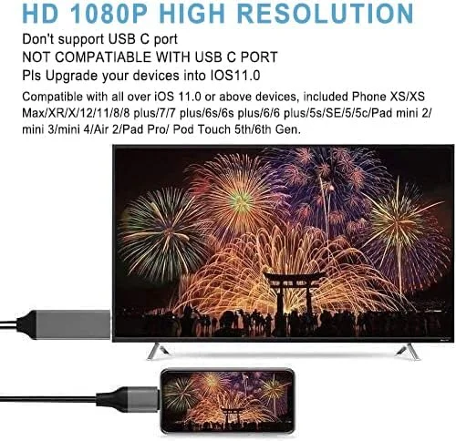 تبدیل لایتنینگ به HDMI دارای گواهی MFi اپل برای اتصال گوشی به تلویزیون، سازگار با آیفون و آیپد، اتصال مستقیم صفحه نمایش به HDTV/مانیتور/پروژکتور بدون نیاز به منبع تغذیه