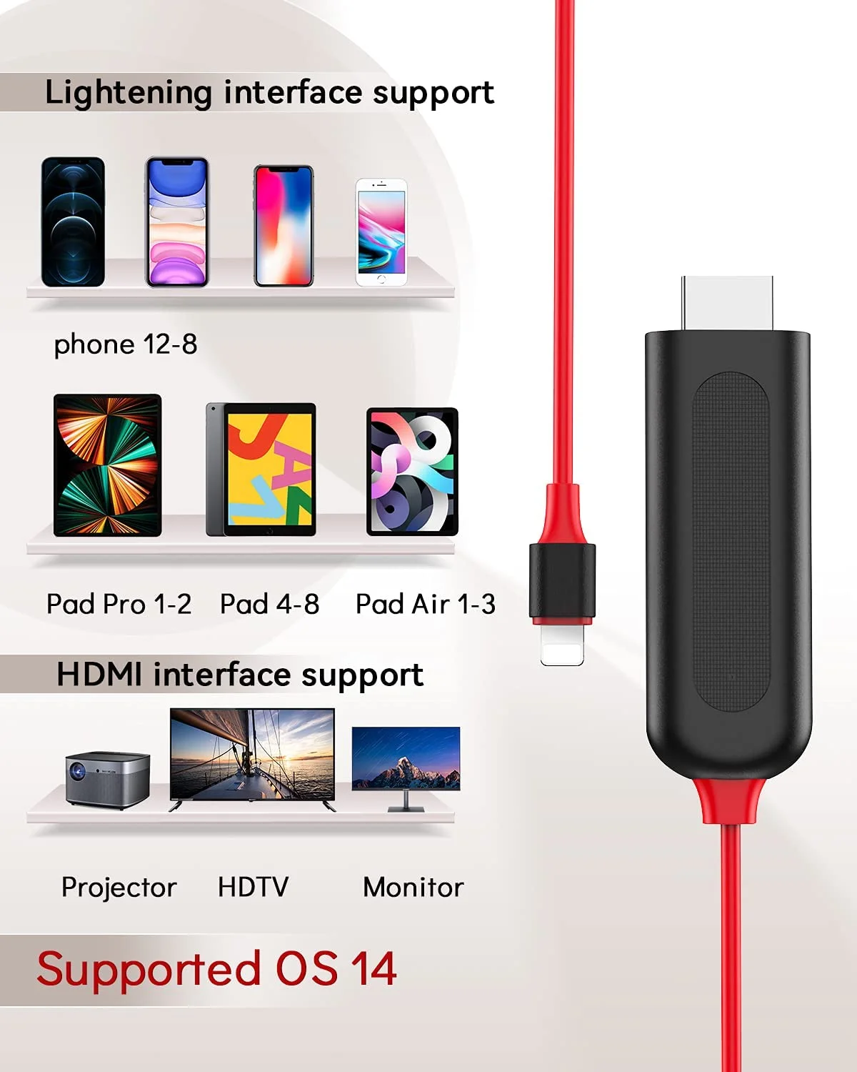 کابل لایتنینگ به HDMI برای اتصال آیفون به تلویزیون، کابل HDMI آیفون به آداپتور AV دیجیتال 1080P اپل، اتصال همگام‌سازی صفحه نمایش، همگام‌سازی ویدیو و صدا، سازگار با آیفون 14، 13، 12، 11، XS، XR