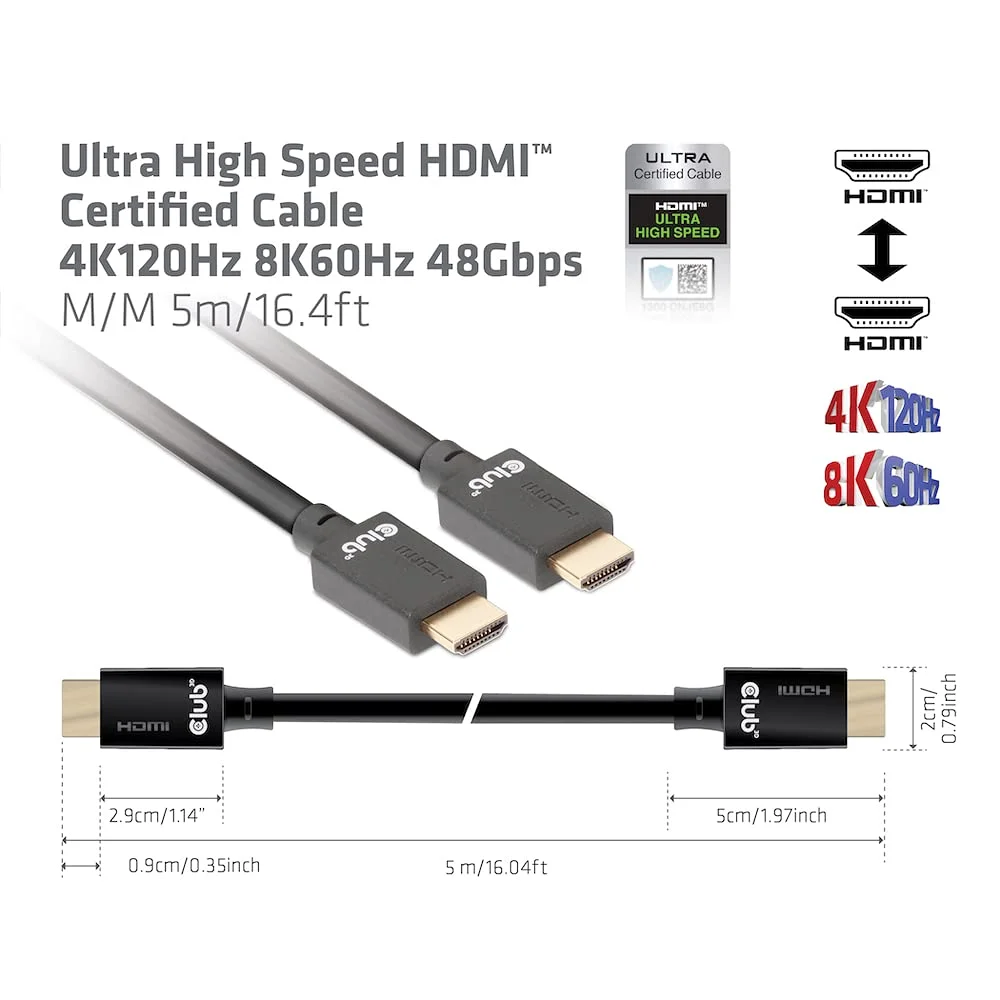 کابل HDMI 2.1 با سرعت فوق العاده بالا Club 3D CAC-1375، 4K 120Hz، 8K 60Hz، M/M، طول 5 متر