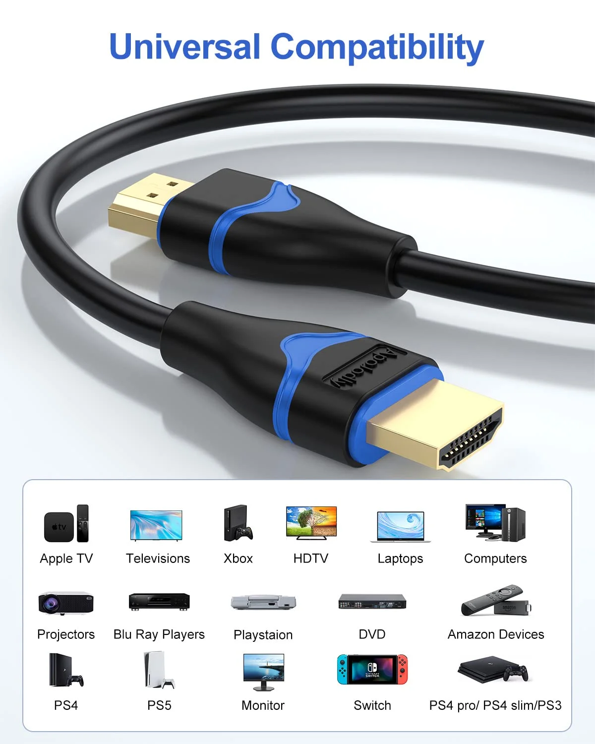 کابل HDMI 4K، طول 90 سانتیمتر، بسته 5 عددی، کابل HDMI پرسرعت 90 سانتیمتری HDMI به HDMI 2.0 (4K@60Hz, 2K@144Hz, 1080P@120Hz, 18Gbps, HDR, 3D, HDCP 2.2, ARC) برای تلویزیون های HD، سوییچ، PS4/PS5، ایکس باکس، بلوری، مانیتور