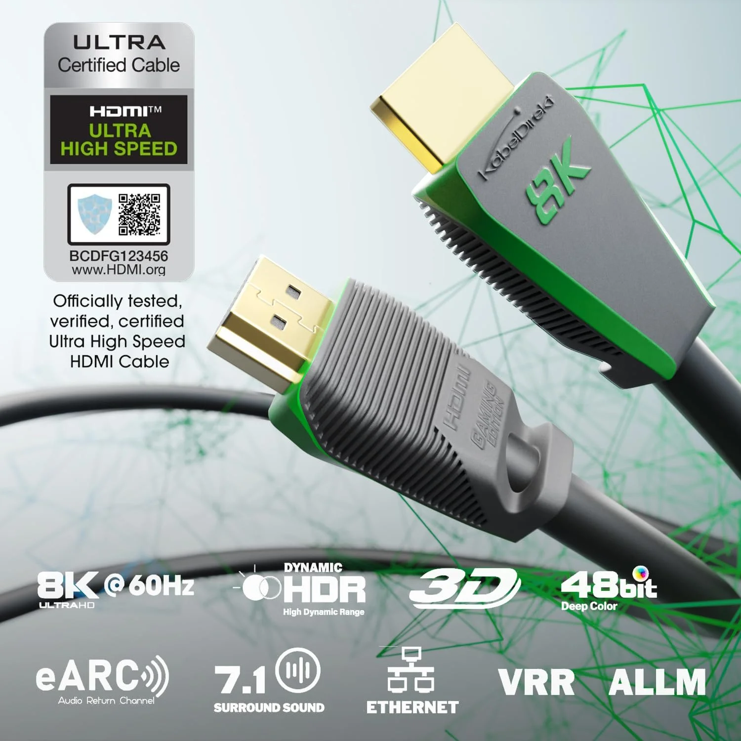کابل HDMI 8K، نسخه فوق العاده تایید شده برای حداکثر کارایی - 90 سانتی متر (48G، HDMI 2.1 با سرعت فوق العاده بالا، 10K، 8K@60Hz و 4K@144Hz، کامپیوتر گیمینگ/PS5/Xbox، گواهی HDMI، خاکستری) - CableDirect