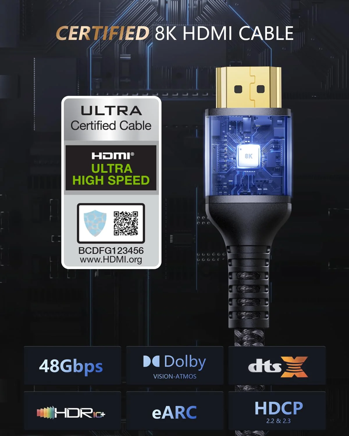 کابل HDMI استوچی 10K 8K با سرعت 48 گیگابیت بر ثانیه (دارای گواهی) کابل HDMI® فوق العاده پرسرعت، 8K60Hz 4K120Hz 144Hz eARC HDCP 2.2&2.3 HDR10+ سازگار با PS5 PlayStation 5 Xbox Series X Apple TV 4K