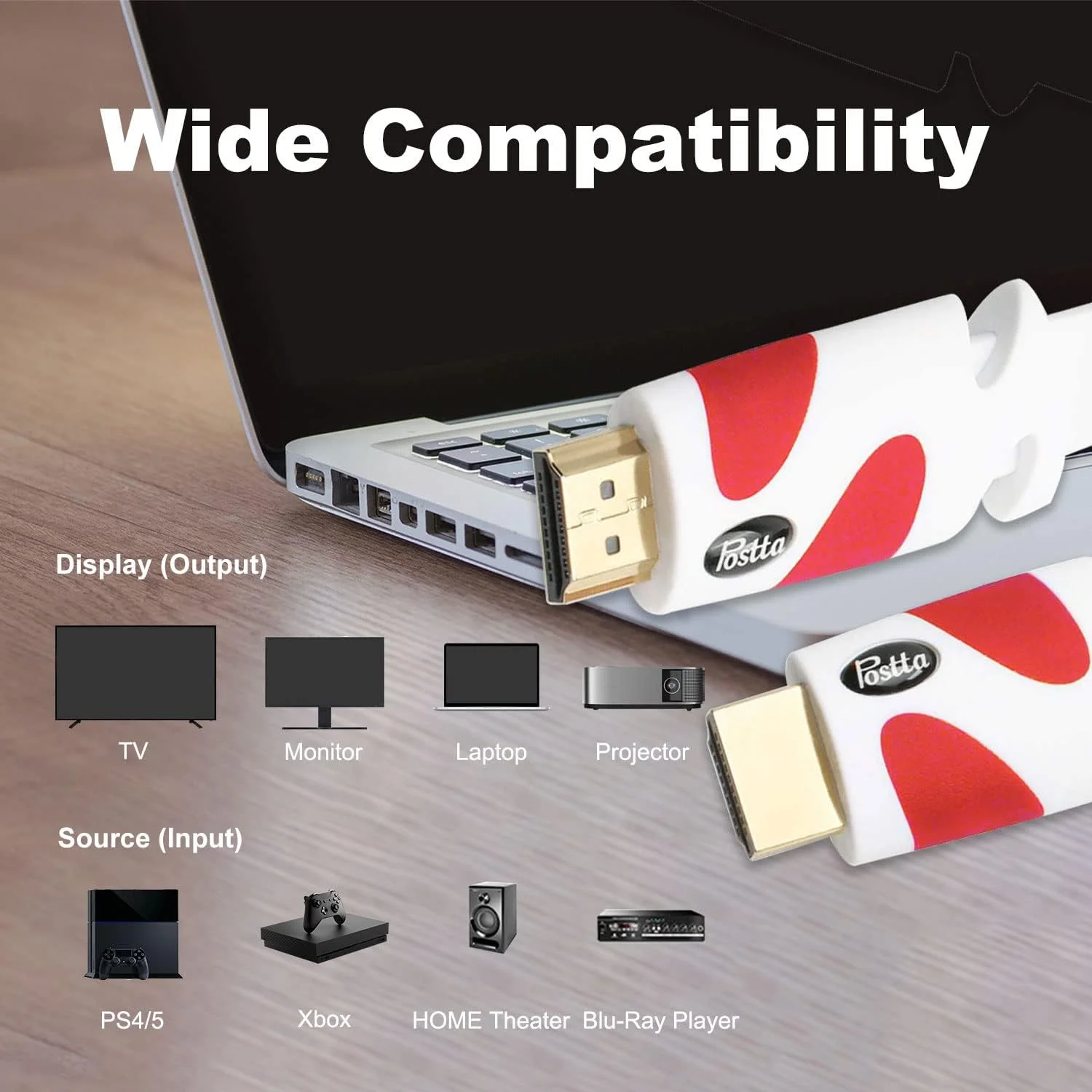 کابل HDMI تخت Postta به طول 7.6 متر، کابل HDMI 2.0 تخت پشتیبانی از 4K، 3D، 2160p، 1080p، اترنت و بازگشت صدا - سفید-قرمز