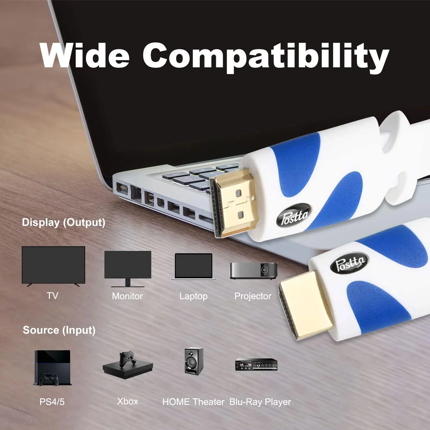 کابل HDMI تخت Postta به طول 7.6 متر، کابل HDMI 2.0 تخت پشتیبانی از 4K، 3D، 2160p، 1080p، اترنت و بازگشت صدا - سفید-آبی