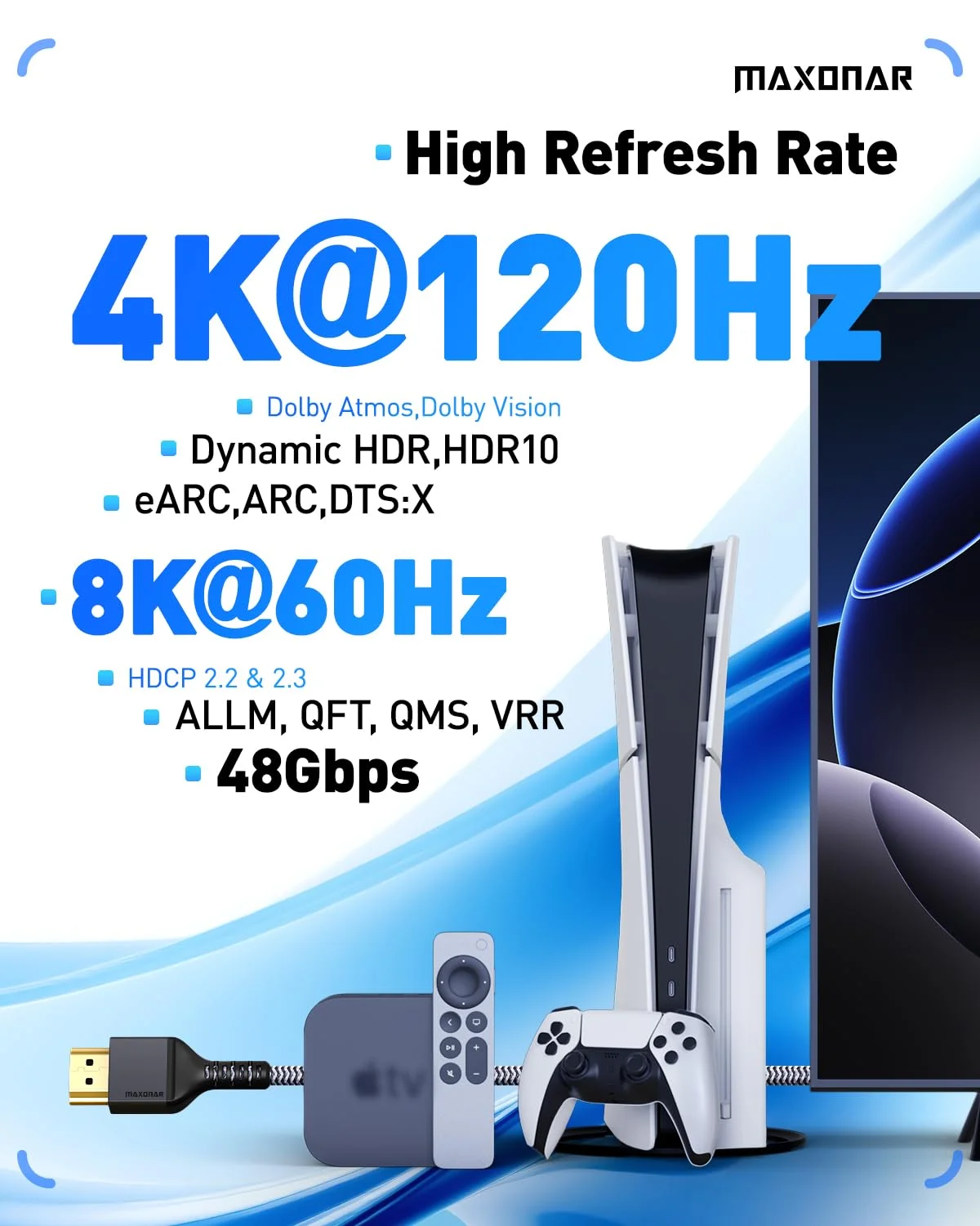 کابل HDMI 8K مکسونار PS5 طول 3 متر [دارای گواهینامه] کابل HDMI® فوق العاده پرسرعت، 8K60Hz 4K120Hz 144Hz، 48Gbps HDCP 2.2&2.3 eARC Dynamic HDR Dolby برای پلی استیشن 5، ایکس باکس سری X، اپل تی وی 4K، Roku TV