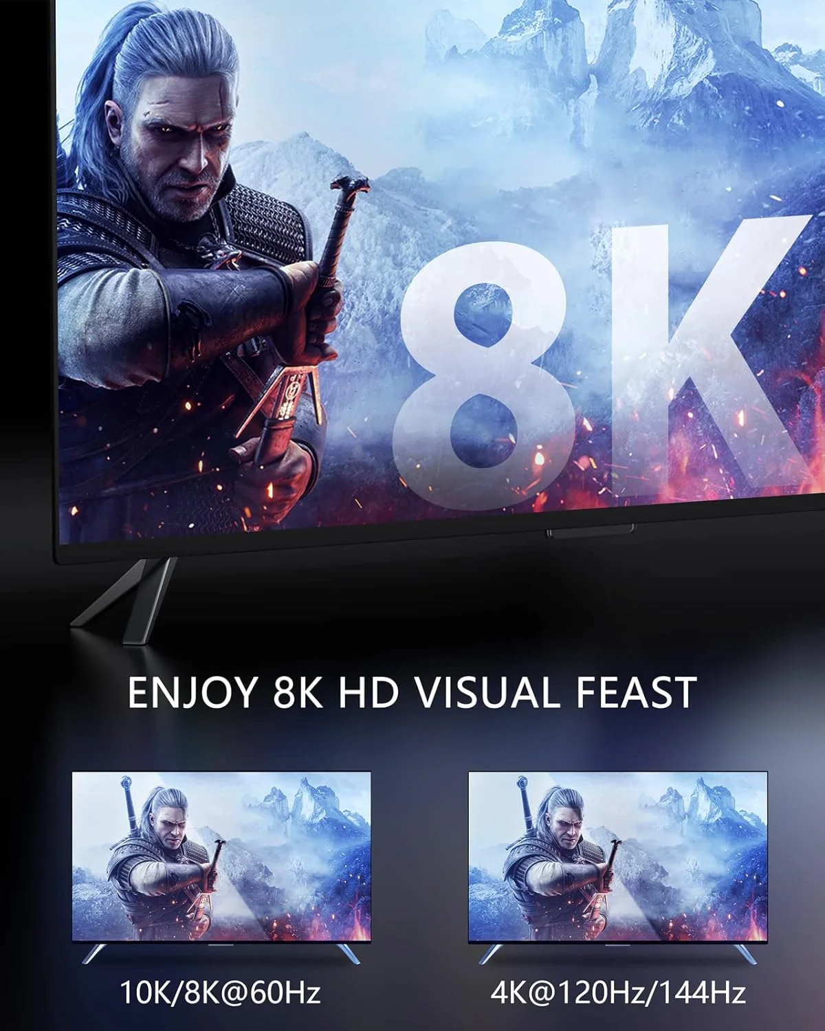 کابل HDMI استوچی 10K 8K با سرعت 48 گیگابیت بر ثانیه (دارای گواهی) کابل HDMI® فوق العاده پرسرعت، 8K60Hz 4K120Hz 144Hz eARC HDCP 2.2&2.3 HDR10+ سازگار با PS5 PlayStation 5 Xbox Series X Apple TV 4K